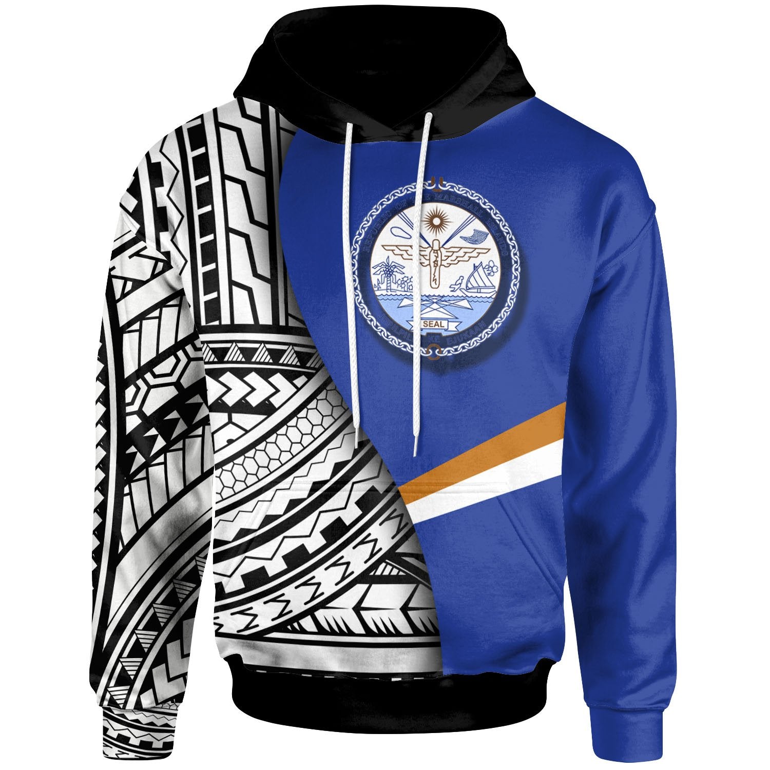Marshall Islands Hoodie Coat of Arm and Polynesian Patterns Unisex Blue - Polynesian Pride
