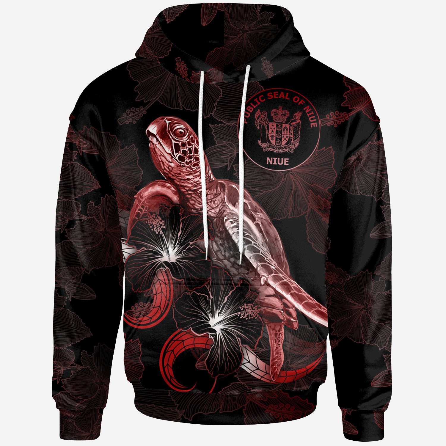 Niue Polynesian Hoodie Turtle With Blooming Hibiscus Red Unisex Red - Polynesian Pride