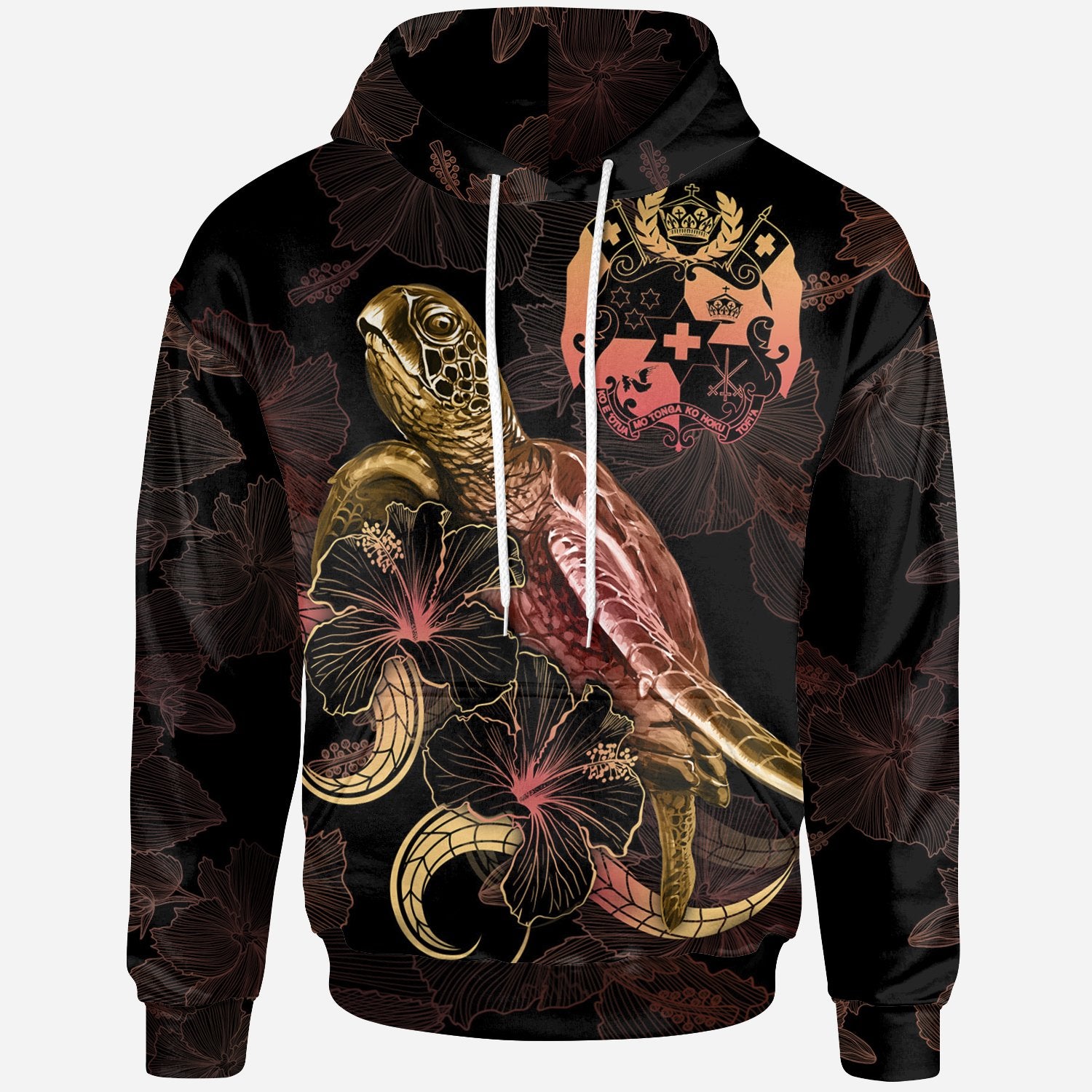 Tonga Polynesian Hoodie Turtle With Blooming Hibiscus Gold Unisex Gold - Polynesian Pride