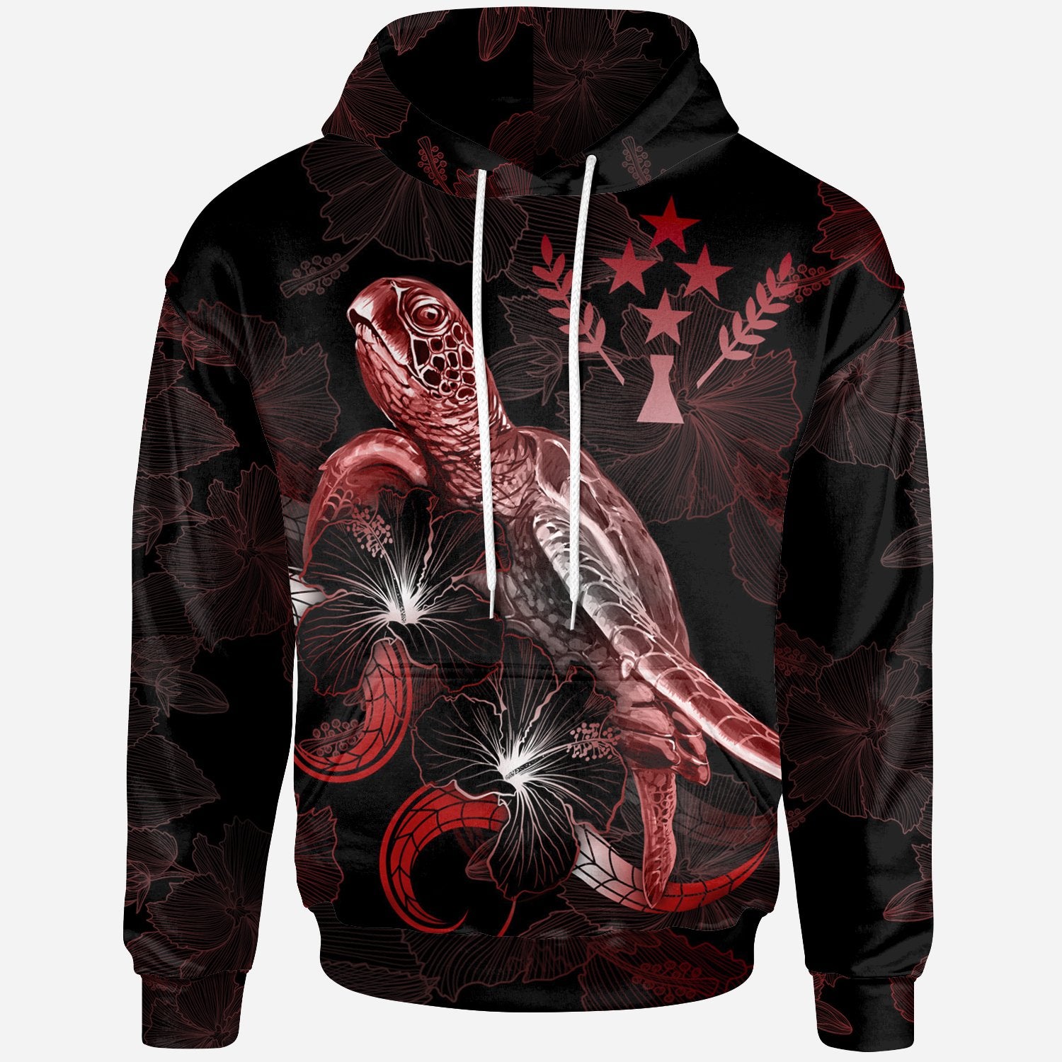 Kosrae Polynesian Hoodie Turtle With Blooming Hibiscus Red Unisex Red - Polynesian Pride