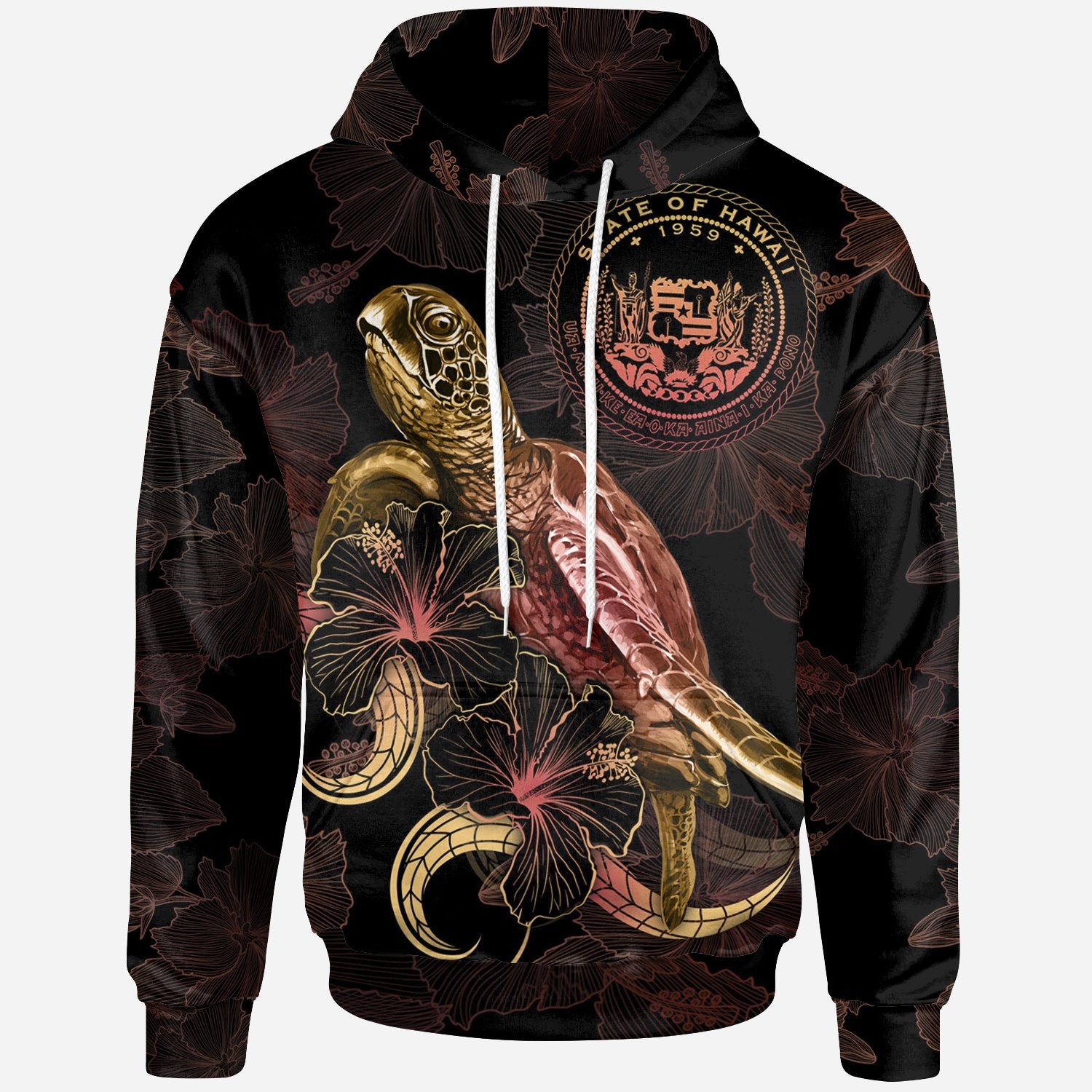 Hawaii Polynesian Hoodie Turtle With Blooming Hibiscus Gold Unisex Gold - Polynesian Pride