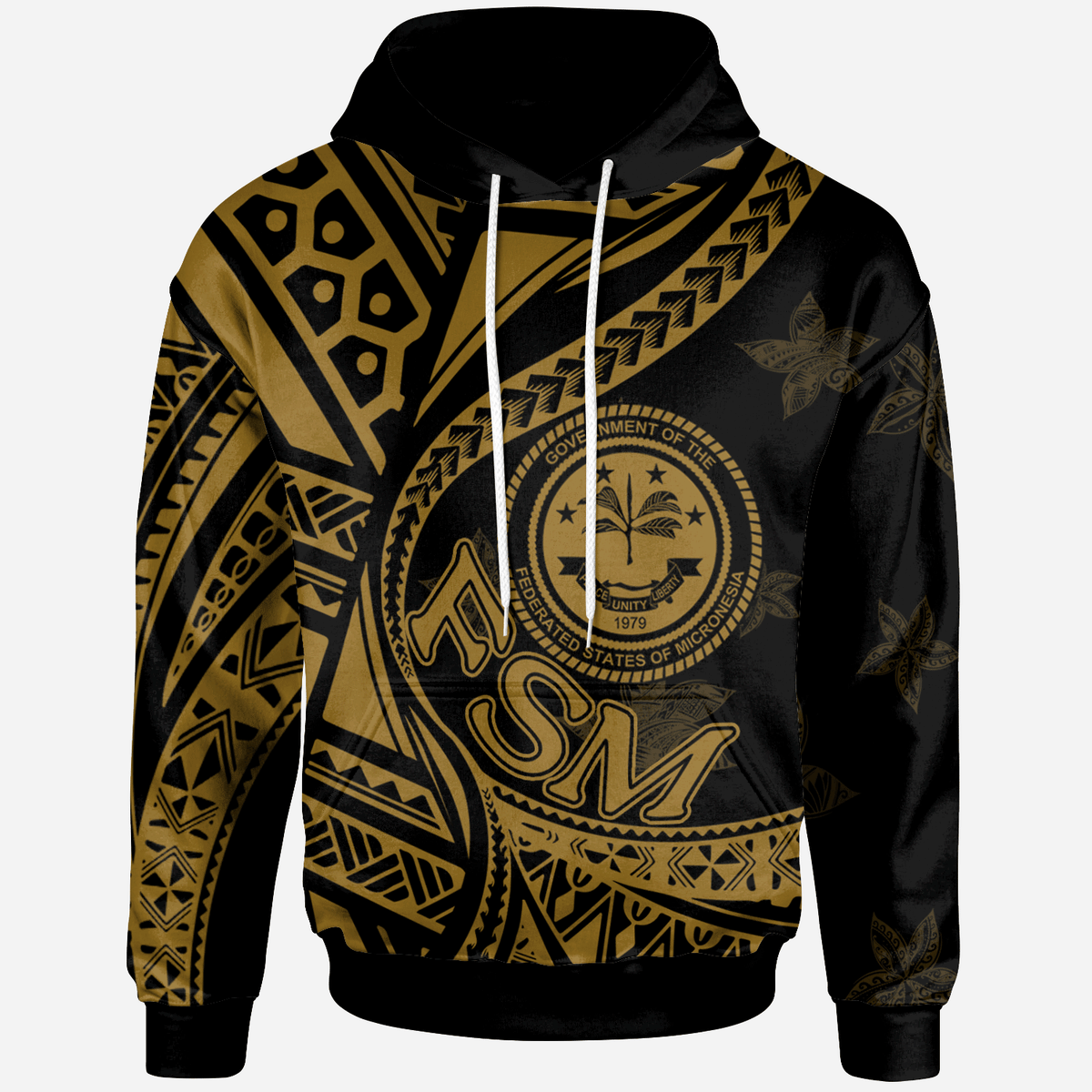 Federated States of Micronesia Hoodie Plumeria Flowers Gold Version Unisex Black - Polynesian Pride