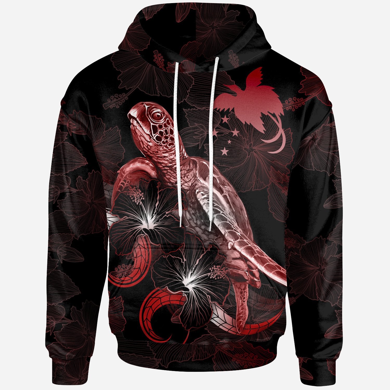 Papua New Guinea Polynesian Hoodie Turtle With Blooming Hibiscus Red Unisex Red - Polynesian Pride