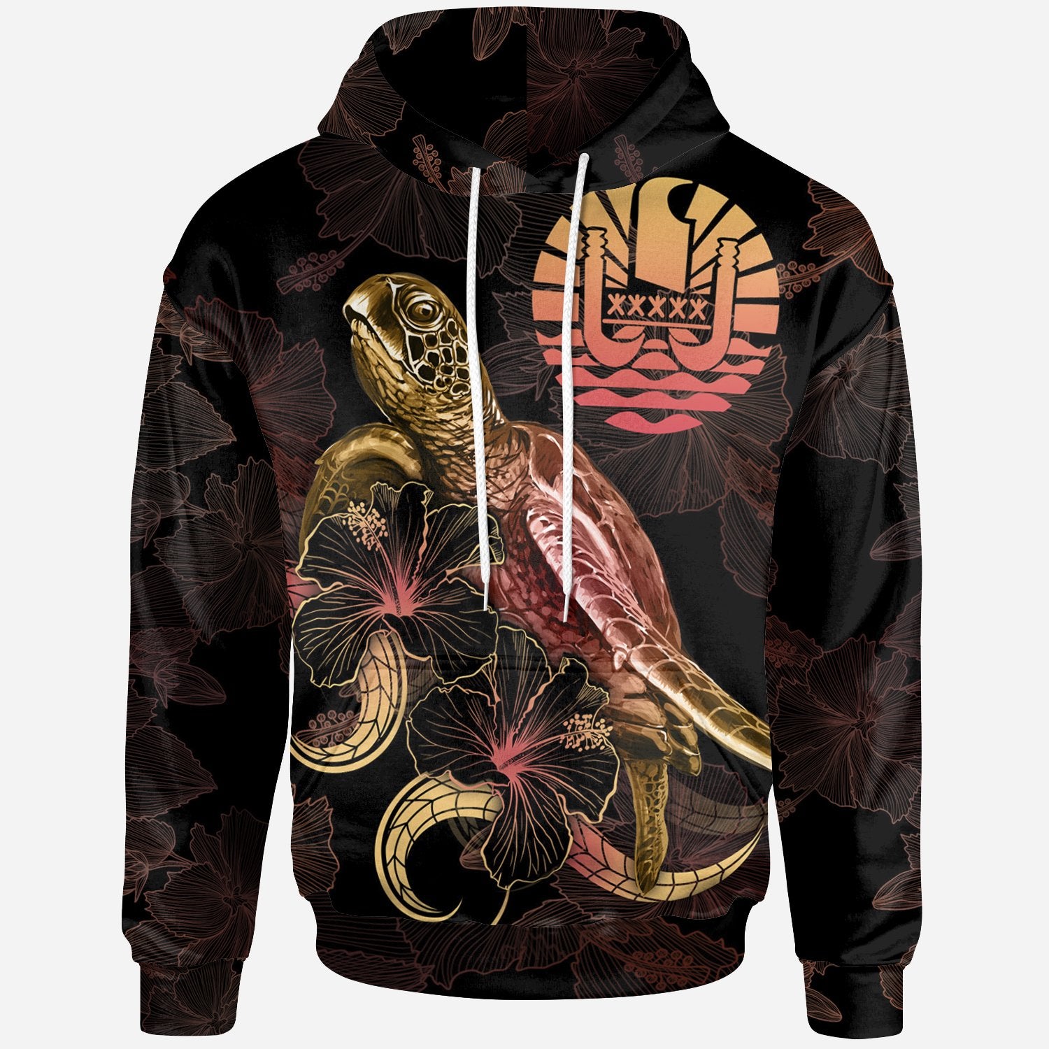 Tahiti Polynesian Hoodie Turtle With Blooming Hibiscus Gold Unisex Gold - Polynesian Pride