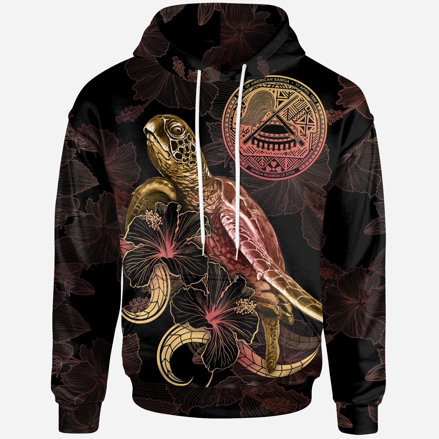 American Samoa Polynesian Hoodie Turtle With Blooming Hibiscus Gold Unisex Gold - Polynesian Pride