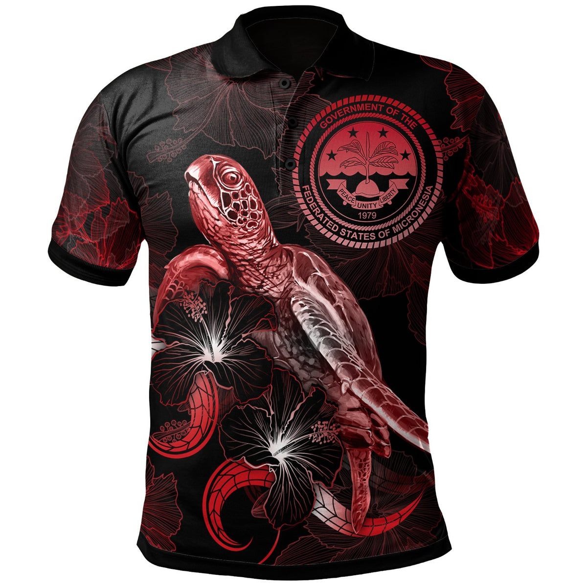 Federated States of Micronesia Polynesian Polo Shirt Turtle With Blooming Hibiscus Red Unisex Red - Polynesian Pride