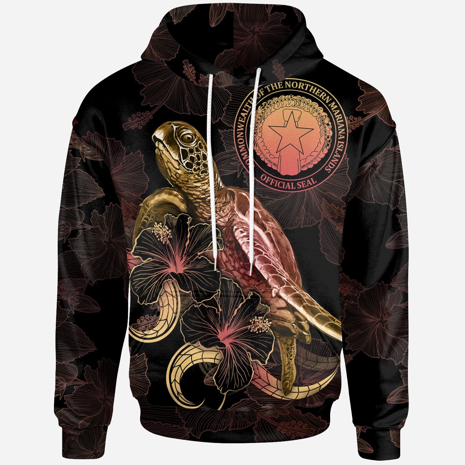 CNMI Polynesian Hoodie Turtle With Blooming Hibiscus Gold Unisex Gold - Polynesian Pride