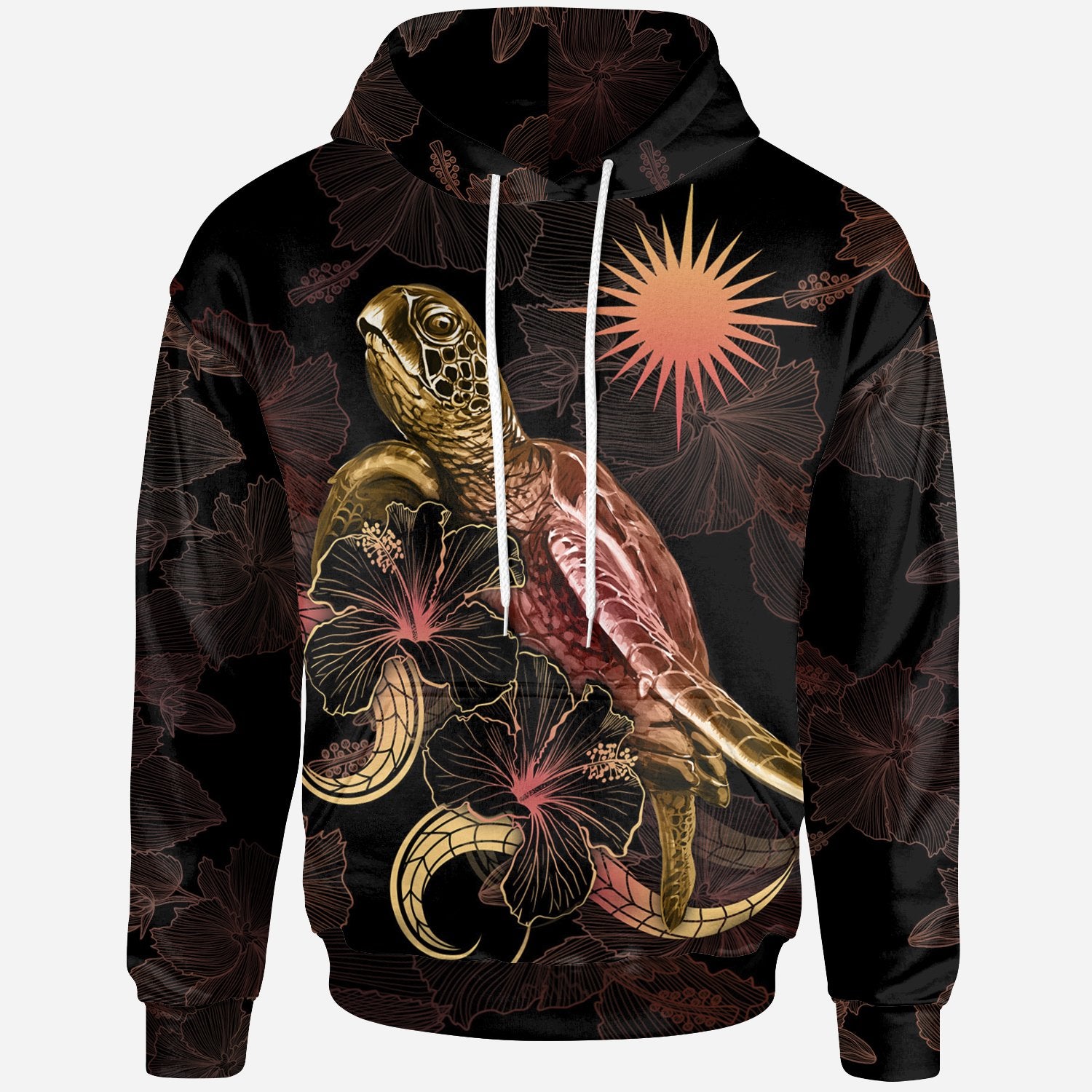 Marshall Islands Polynesian Hoodie Turtle With Blooming Hibiscus Gold Unisex Gold - Polynesian Pride