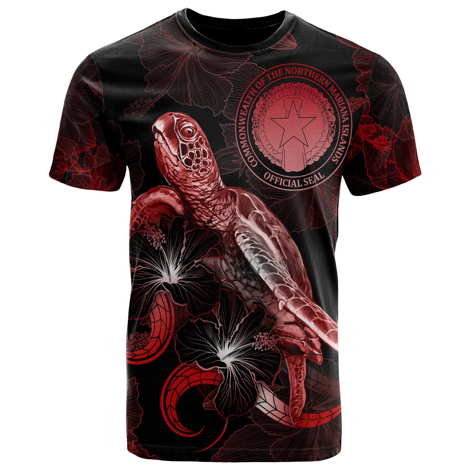 CNMI Polynesian T Shirt Turtle With Blooming Hibiscus Red Unisex Red - Polynesian Pride