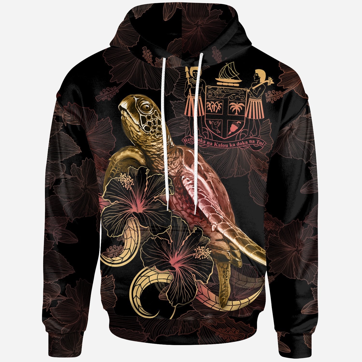 FiJi Polynesian Hoodie Turtle With Blooming Hibiscus Gold Unisex Gold - Polynesian Pride