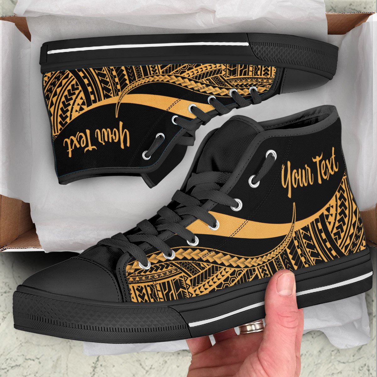 American Samoa Custom Personalised High Top Shoes Gold - Polynesian Tentacle Tribal Pattern Unisex Black - Polynesian Pride