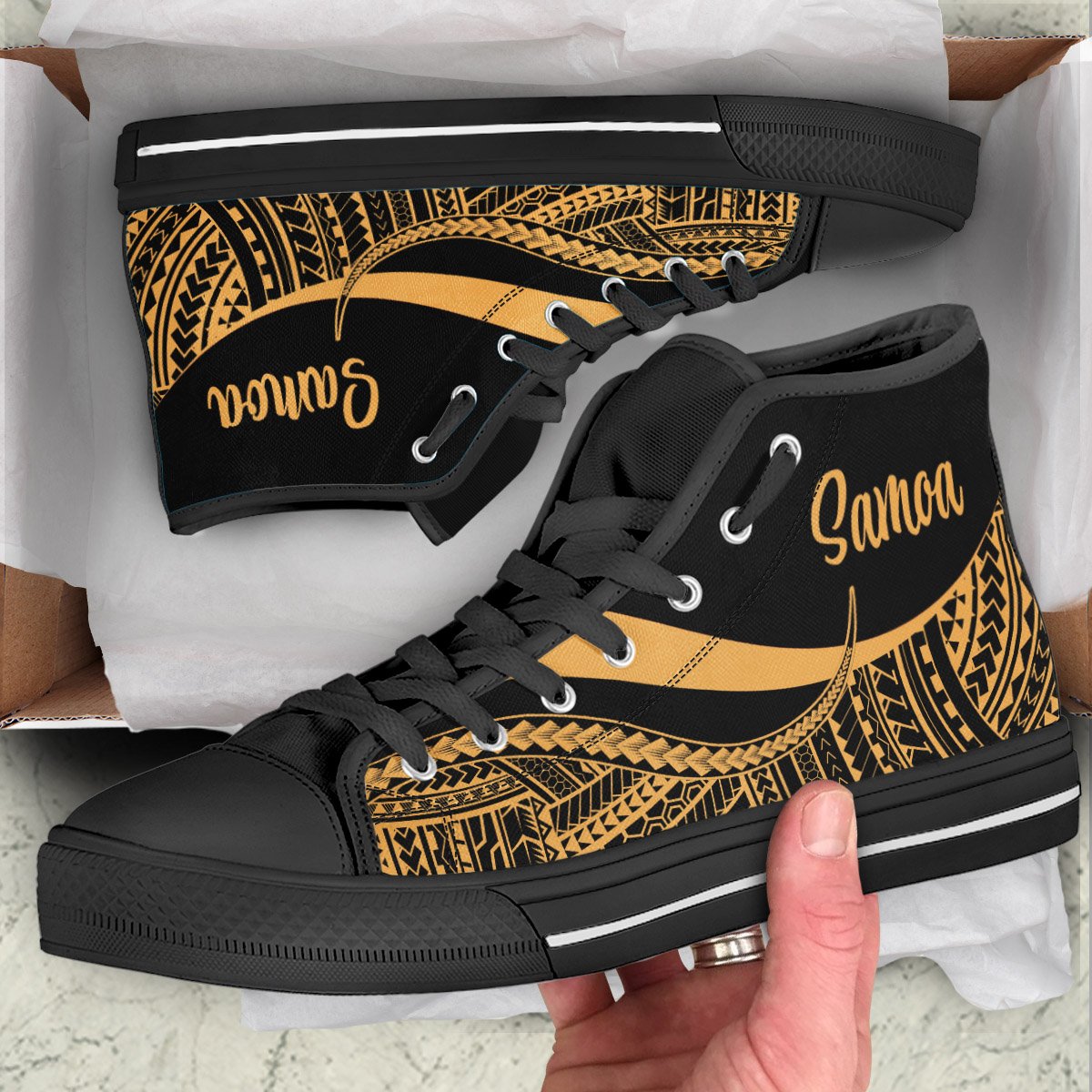 Samoa High Top Shoes Gold - Polynesian Tentacle Tribal Pattern Unisex Black - Polynesian Pride