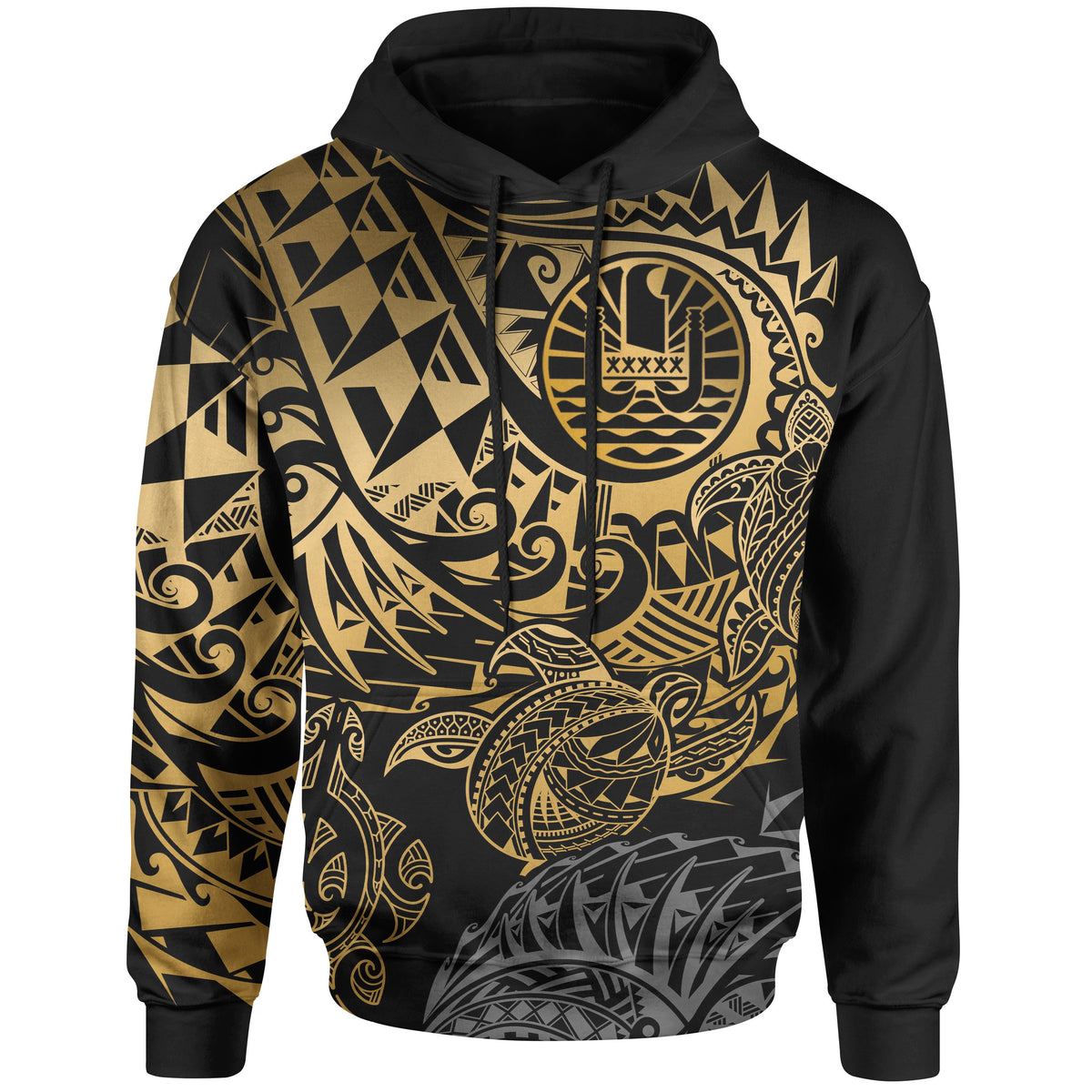 Tahiti Polynesian Hoodie Gold Turtle Hibiscus Flowing Unisex GOLD - Polynesian Pride