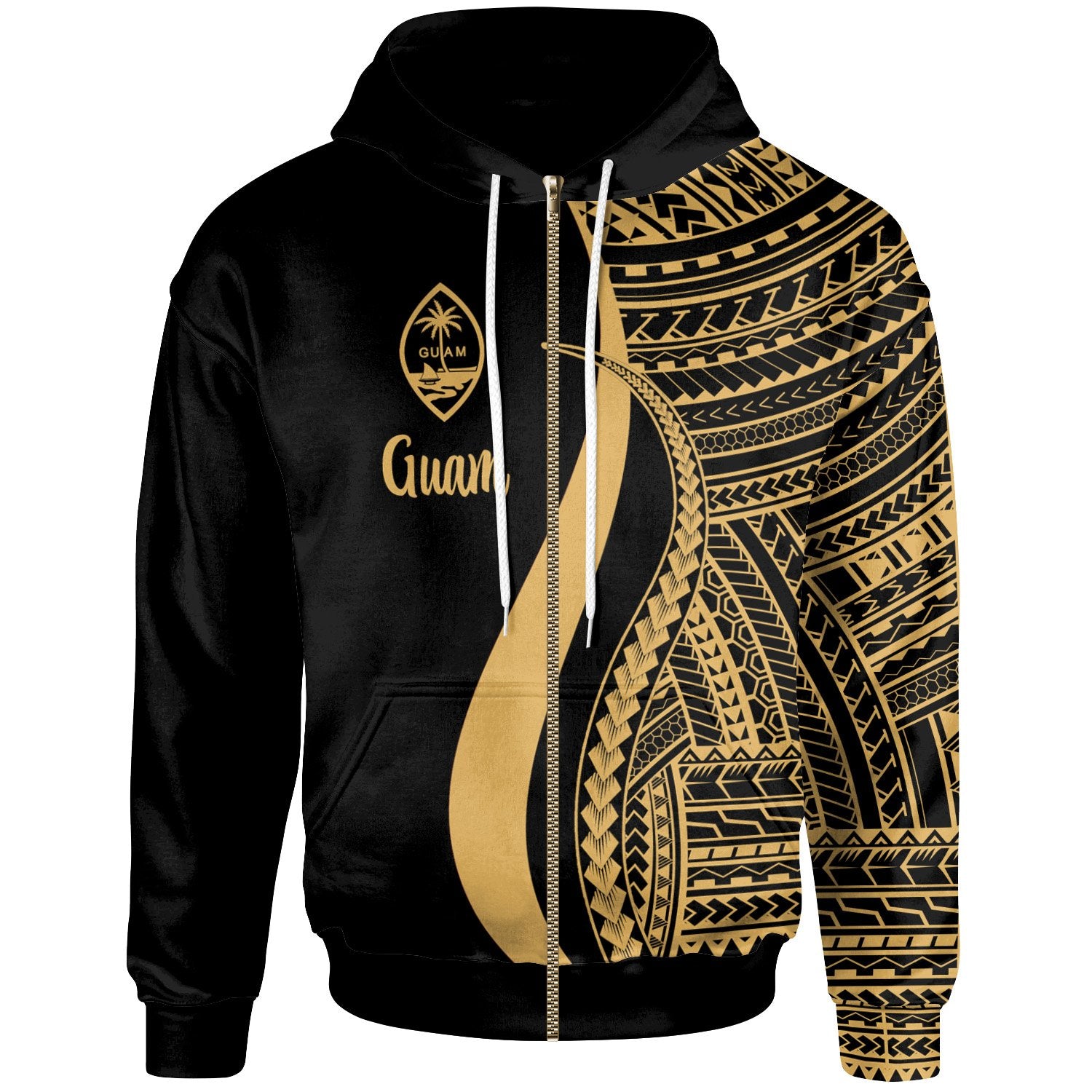 Guam Zip up Hoodie Gold Tentacle Tribal Pattern Unisex Gold - Polynesian Pride