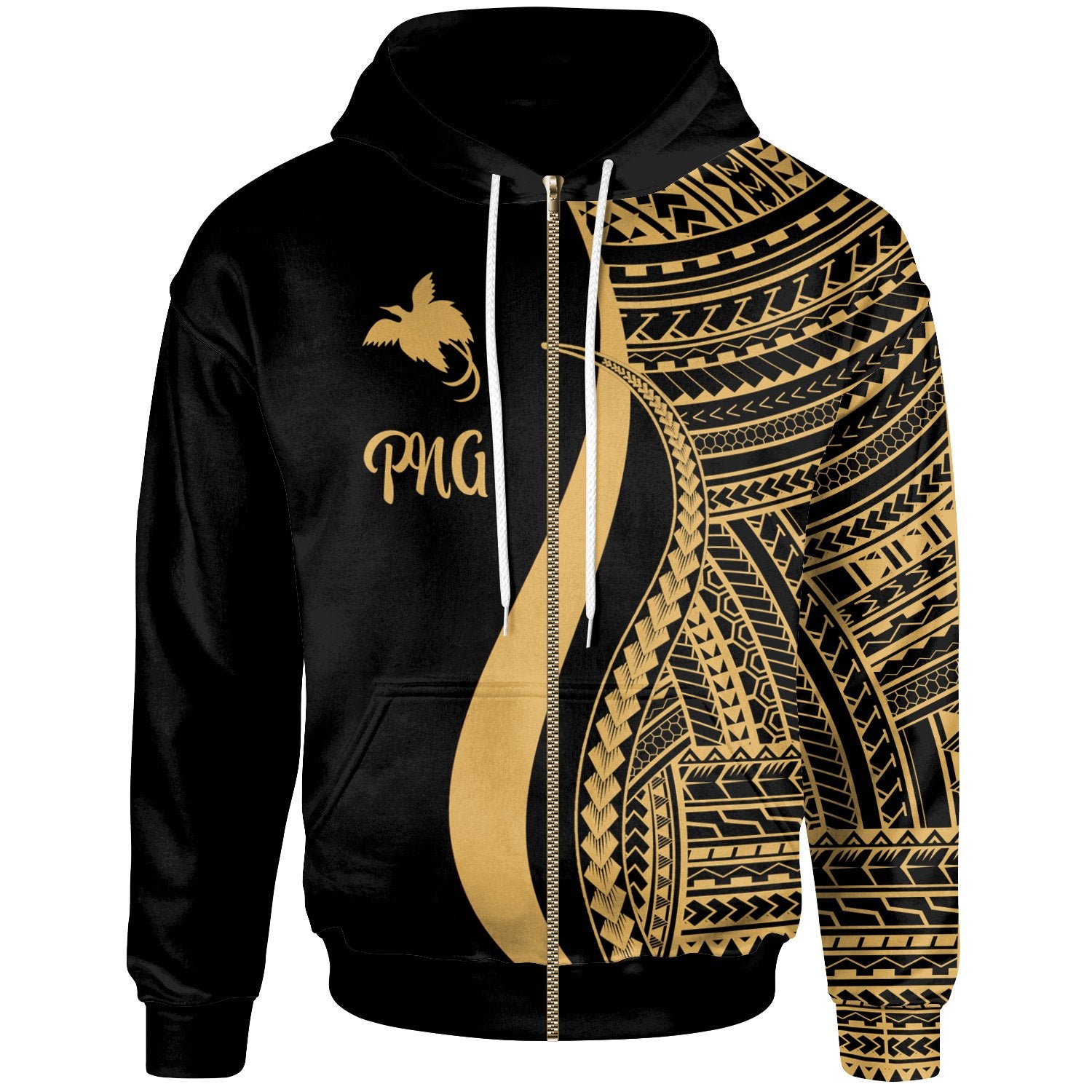 Papua New Guinea Zip up Hoodie Gold Tentacle Tribal Pattern Unisex Gold - Polynesian Pride