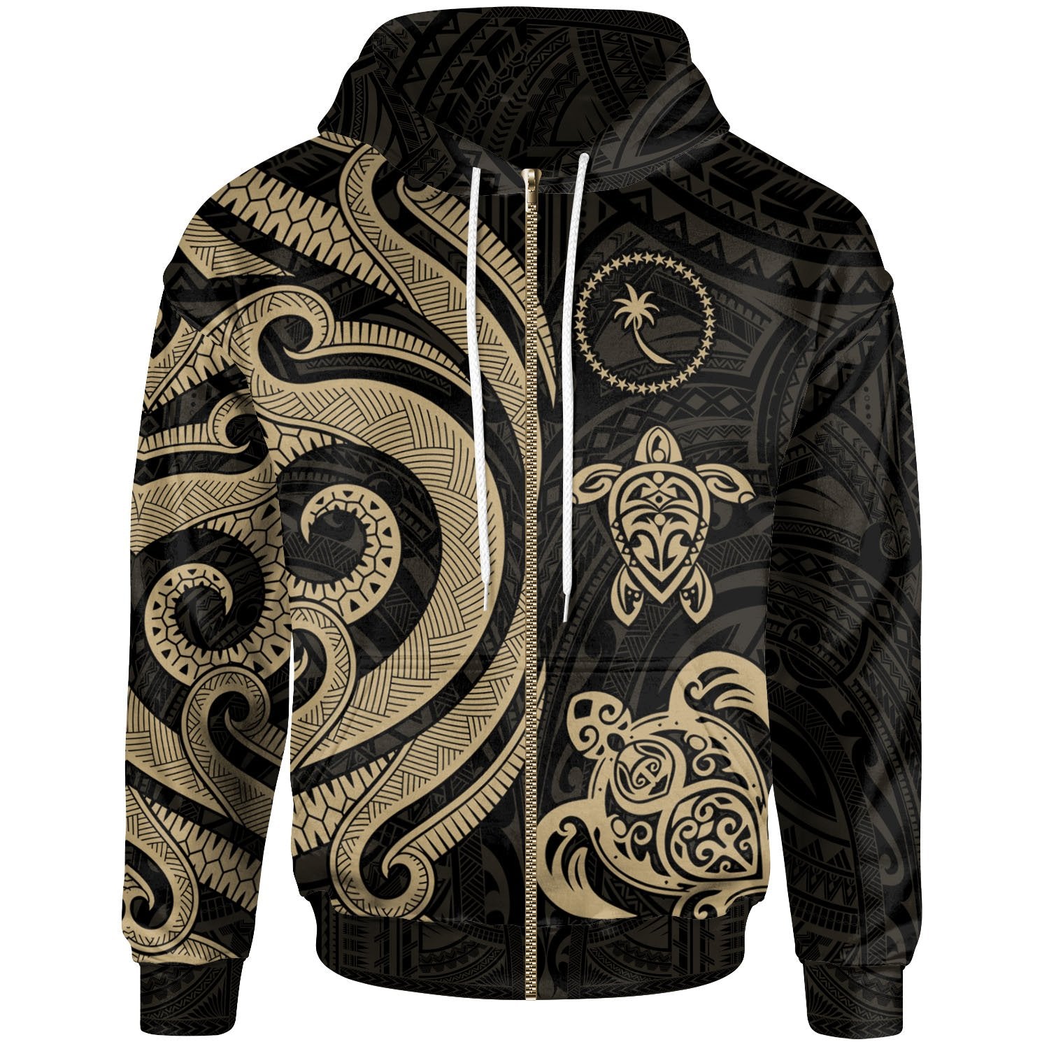 Chuuk Polynesian Zip up Hoodie Gold Tentacle Turtle Unisex Gold - Polynesian Pride