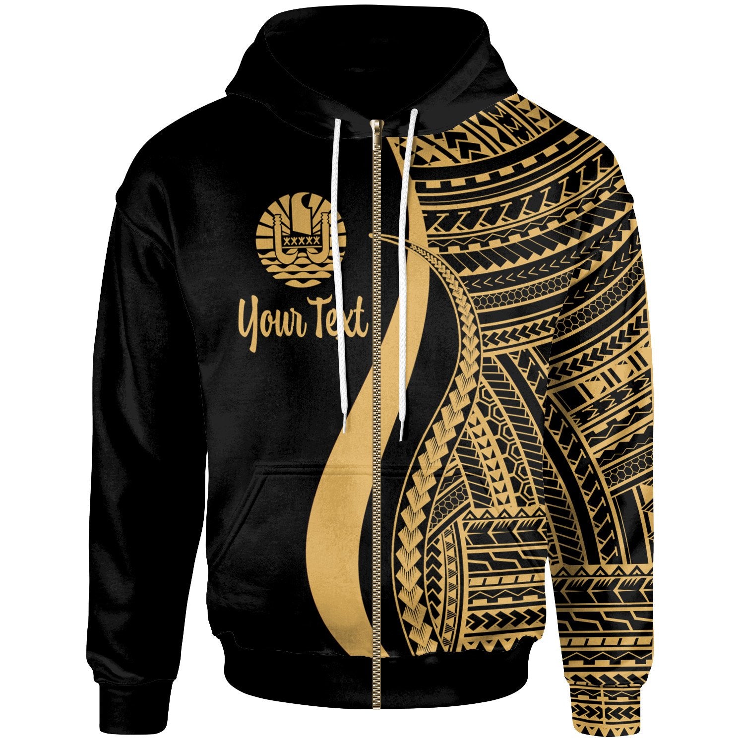 Tahiti Custom Zip up Hoodie Gold Tentacle Tribal Pattern Unisex Gold - Polynesian Pride