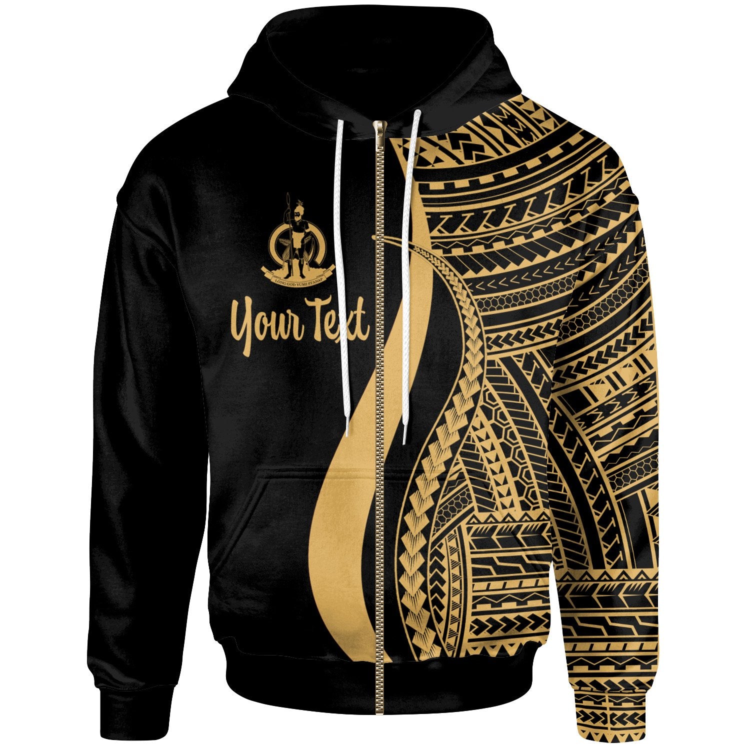 Vanuatu Custom Zip up Hoodie Gold Tentacle Tribal Pattern Unisex Gold - Polynesian Pride