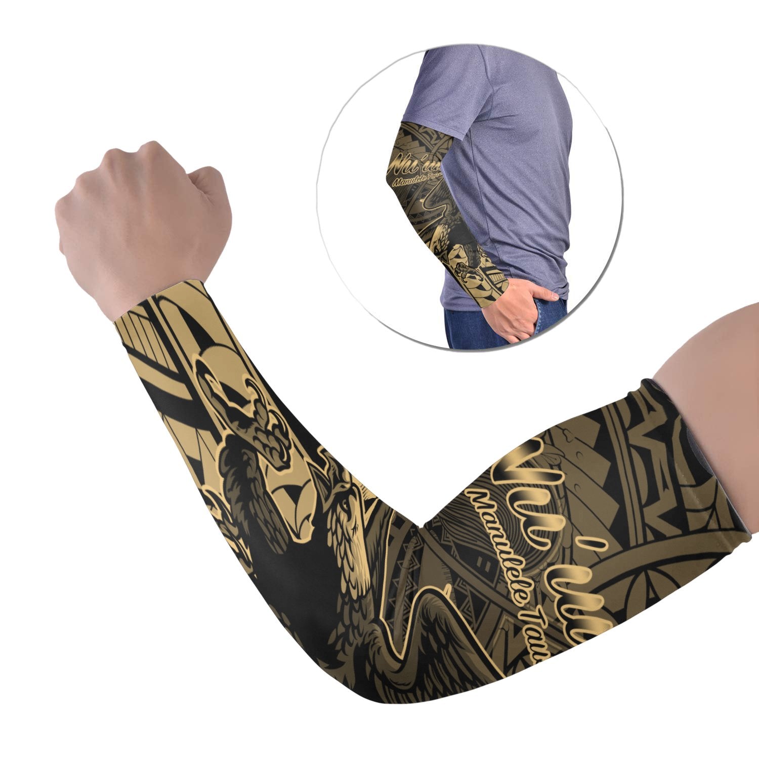 American Samoa Arm Sleeve - Nu'uuli Polynesian Gold Patterns (Set of 2) Set of 2 Black - Polynesian Pride