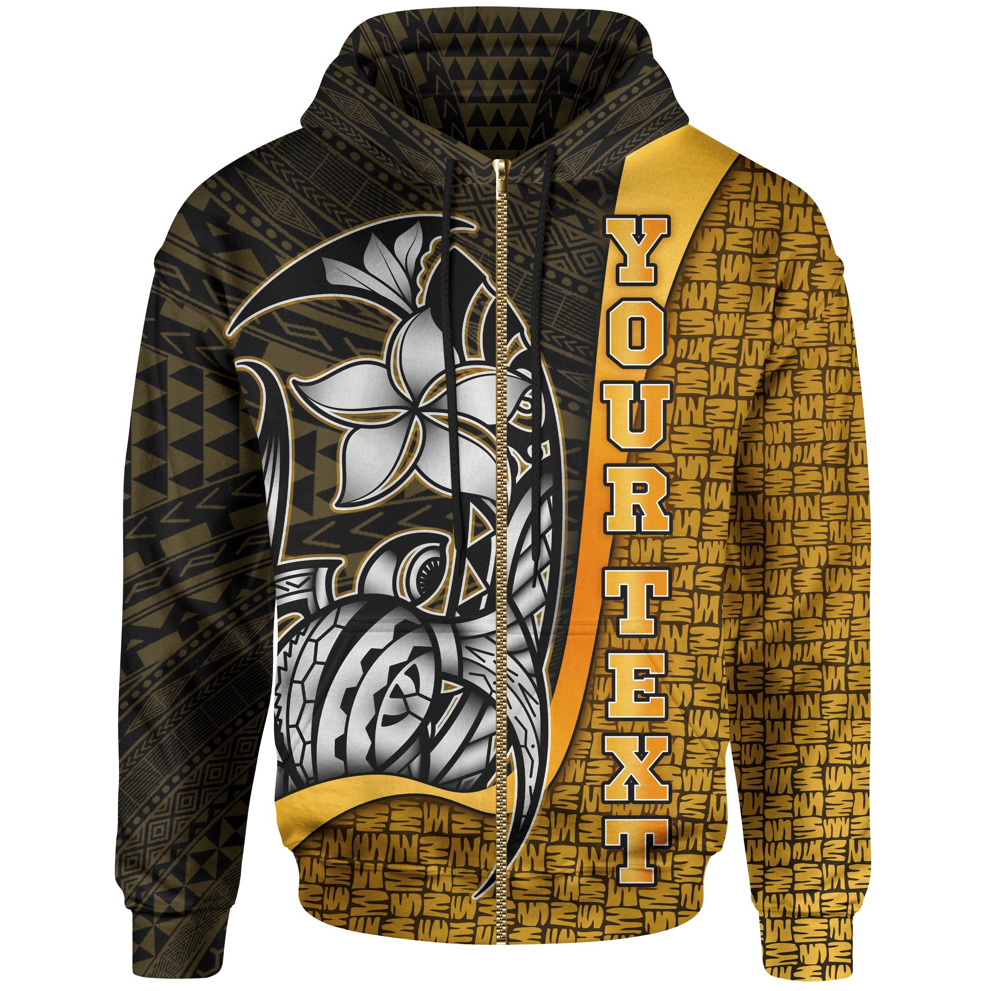 Kosrae Micronesian Custom Zip up Hoodie Gold Turtle with Hook Unisex GOLD - Polynesian Pride