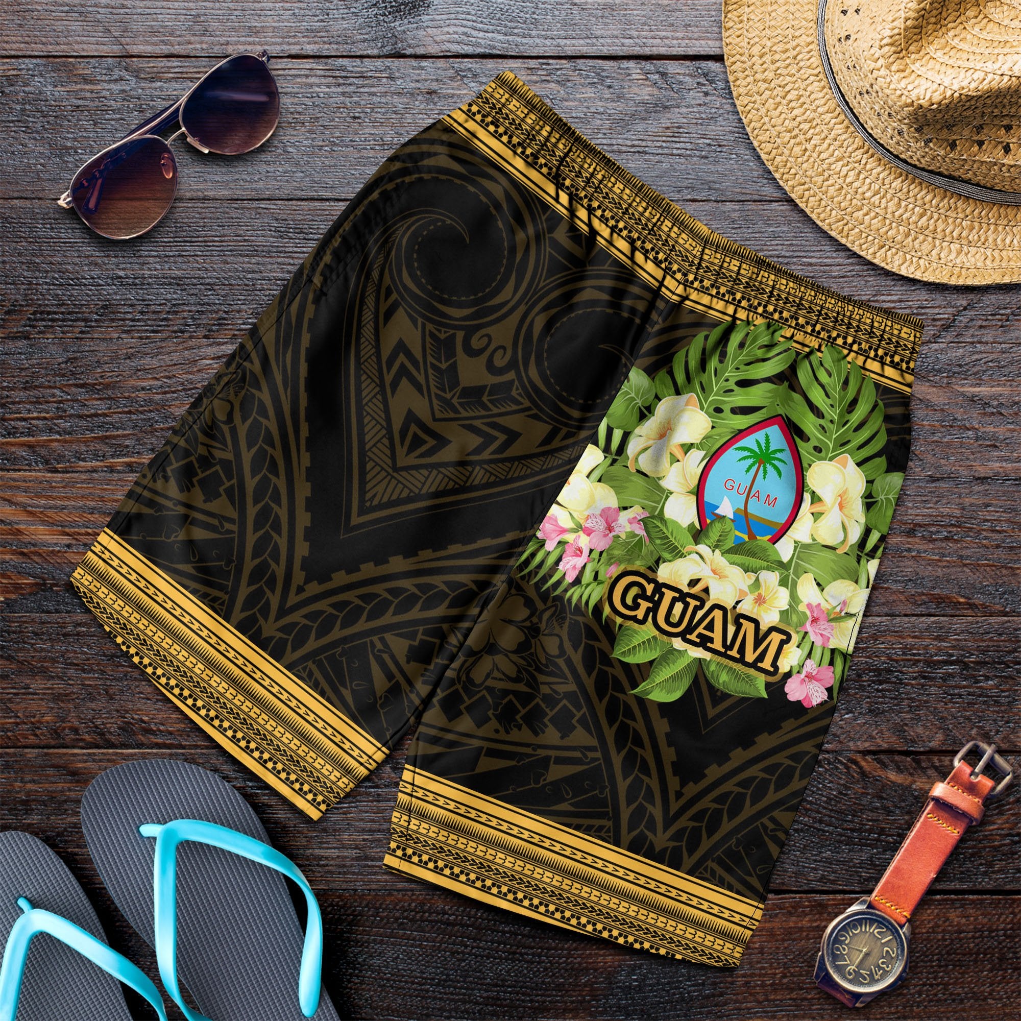 Guam Men's Shorts - Polynesian Gold Patterns Collection Black - Polynesian Pride