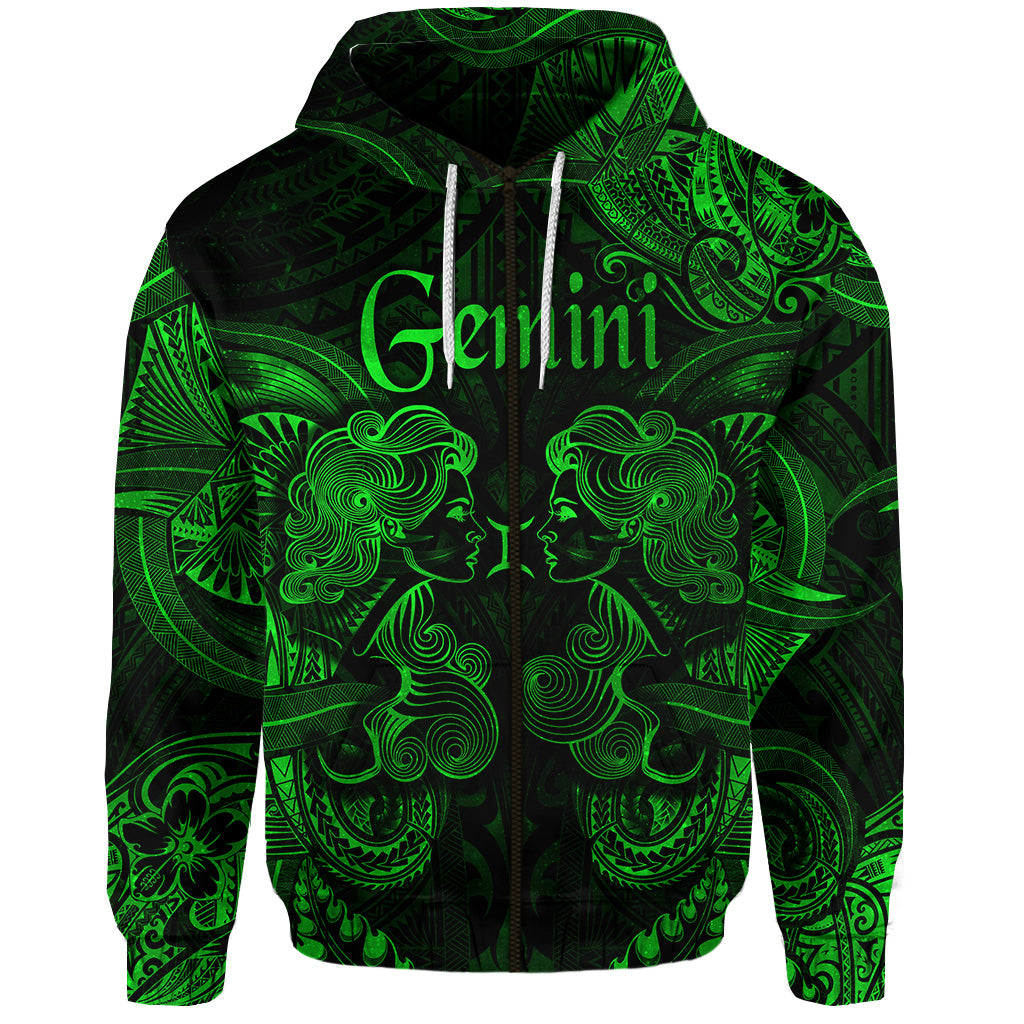 Gemini Zodiac Polynesian Zip Hoodie Unique Style Green LT8 - Polynesian Pride