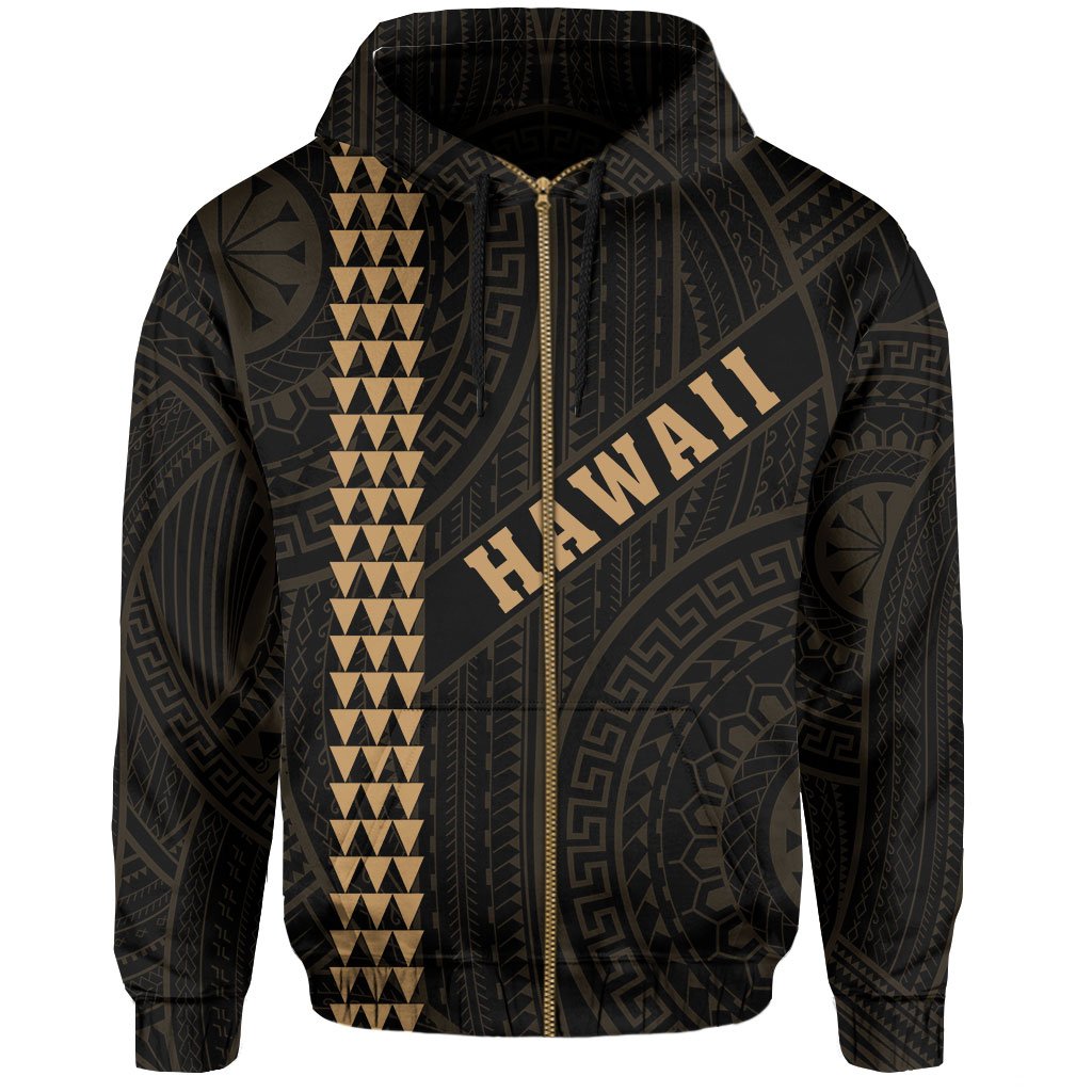 Polynesian Kakau Turtle Ohana Map of Hawaii Zip Hoodie Gold - Polynesian Pride