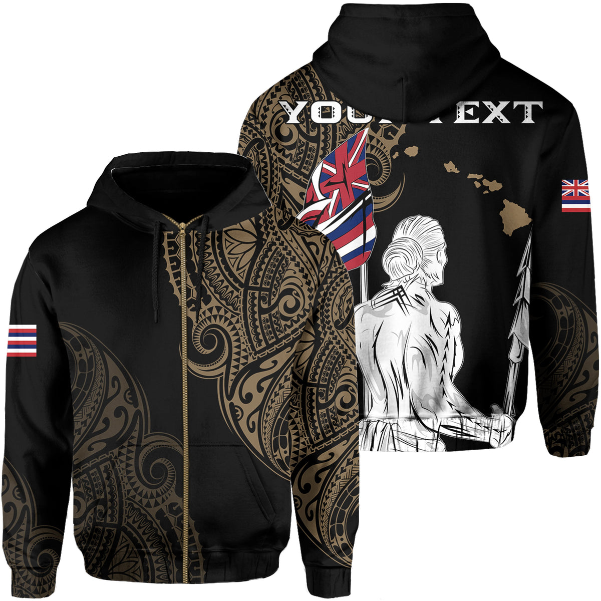 Personalized Hawaii Map Polynesian Warrior Ikaika Hoodie Zip William Style Gold Unisex Black - Polynesian Pride