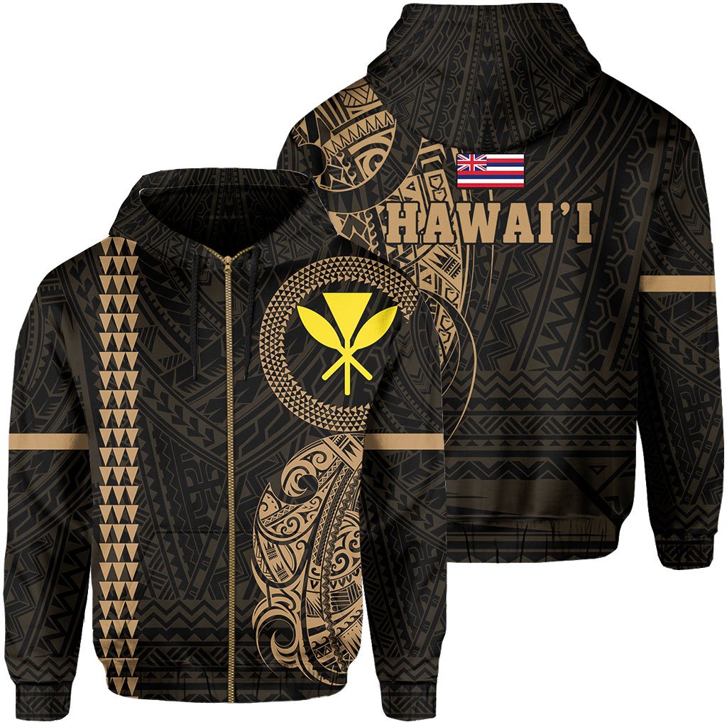 Polynesian Kakau Kanaka Flag of Hawaii Zip Hoodie Gold Unisex Gold - Polynesian Pride
