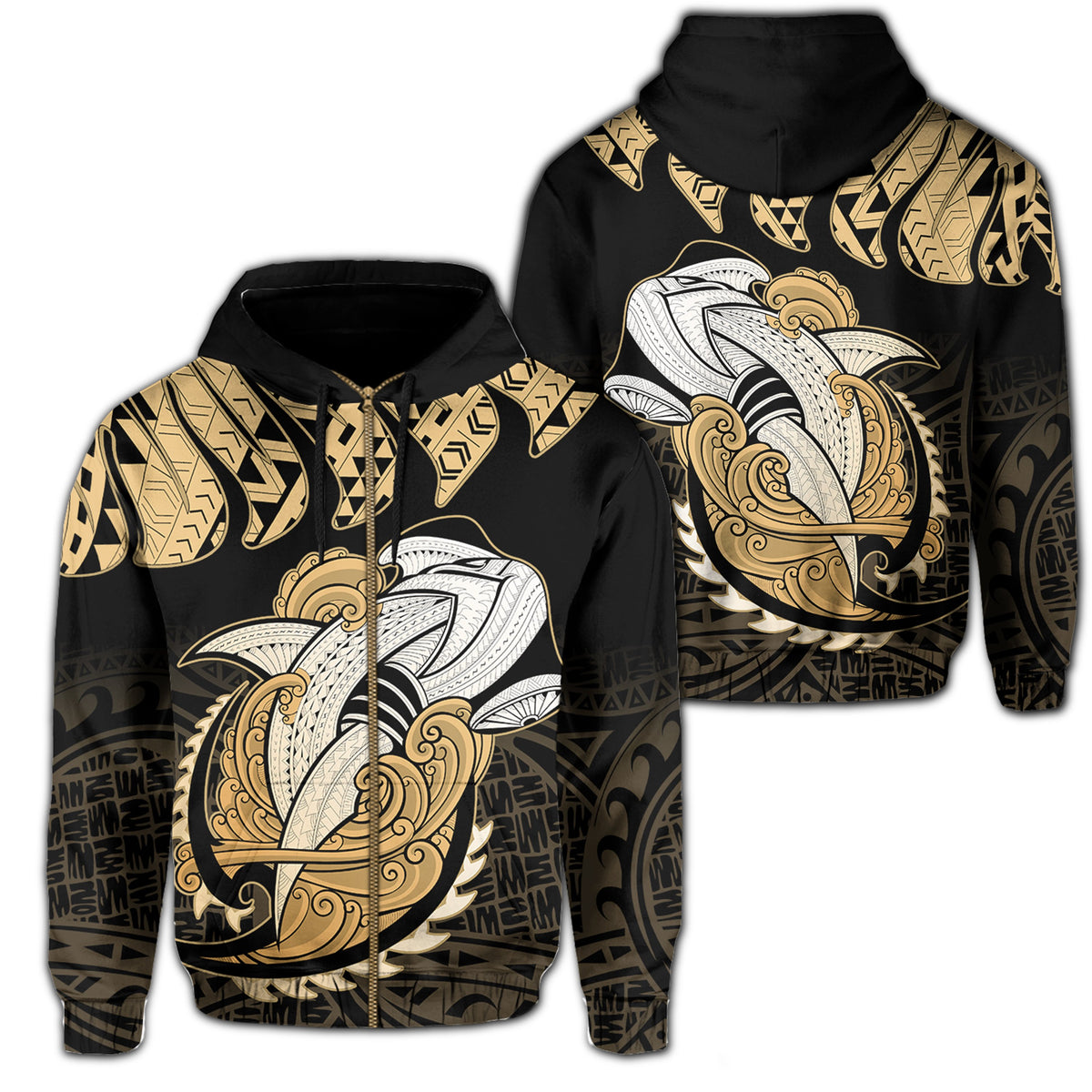 Hawaii Polynesian Aumakua Hammerhead Shark Hoodie Zip Cloud Style Gold Unisex Gold - Polynesian Pride