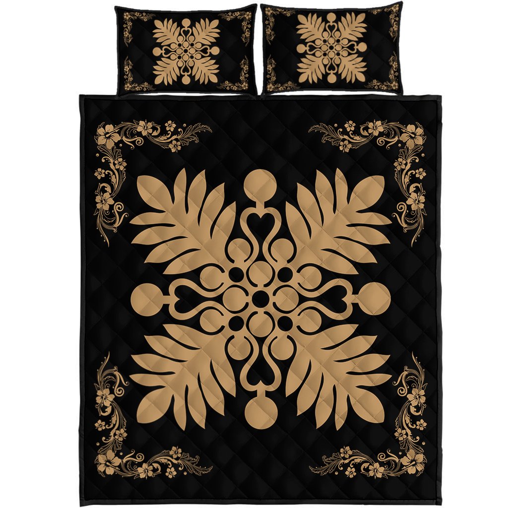 Hawaiian Quilt Maui Plant And Hibiscus Pattern Quilt Bed Set - Gold Black - AH Gold - Polynesian Pride