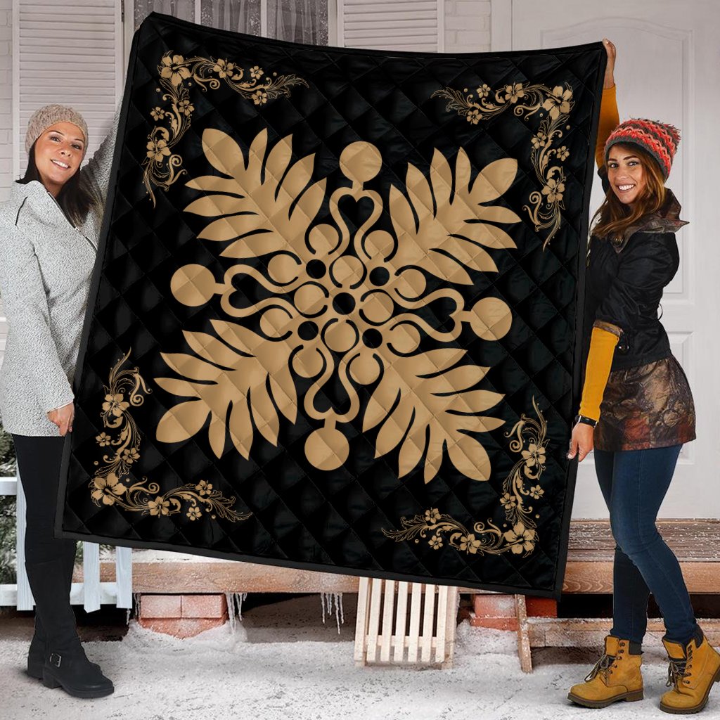 Hawaiian Quilt Maui Plant And Hibiscus Premium Quilt - Gold Black - AH - Polynesian Pride