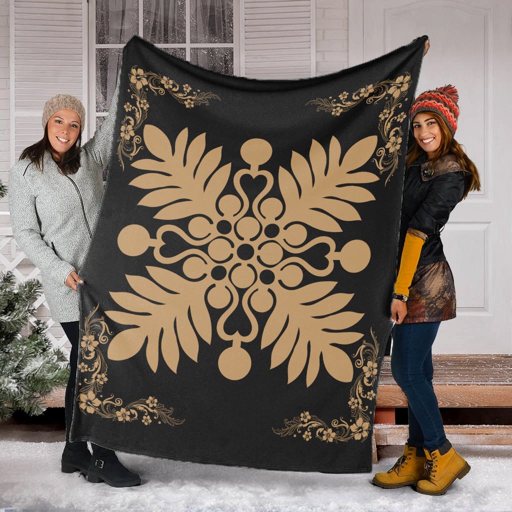 Hawaiian Quilt Maui Plant And Hibiscus Premium Blanket - Gold Black - AH - Polynesian Pride