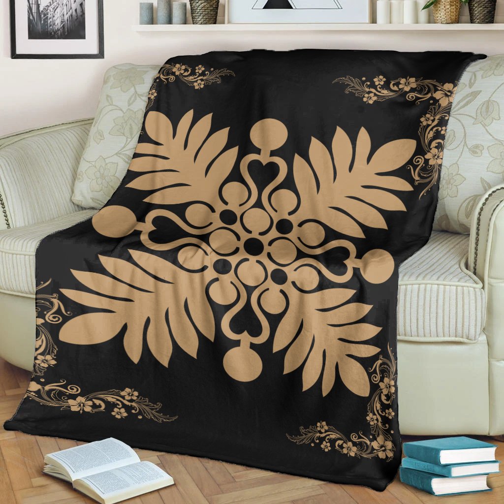 Hawaiian Quilt Maui Plant And Hibiscus Premium Blanket - Gold Black - AH - Polynesian Pride