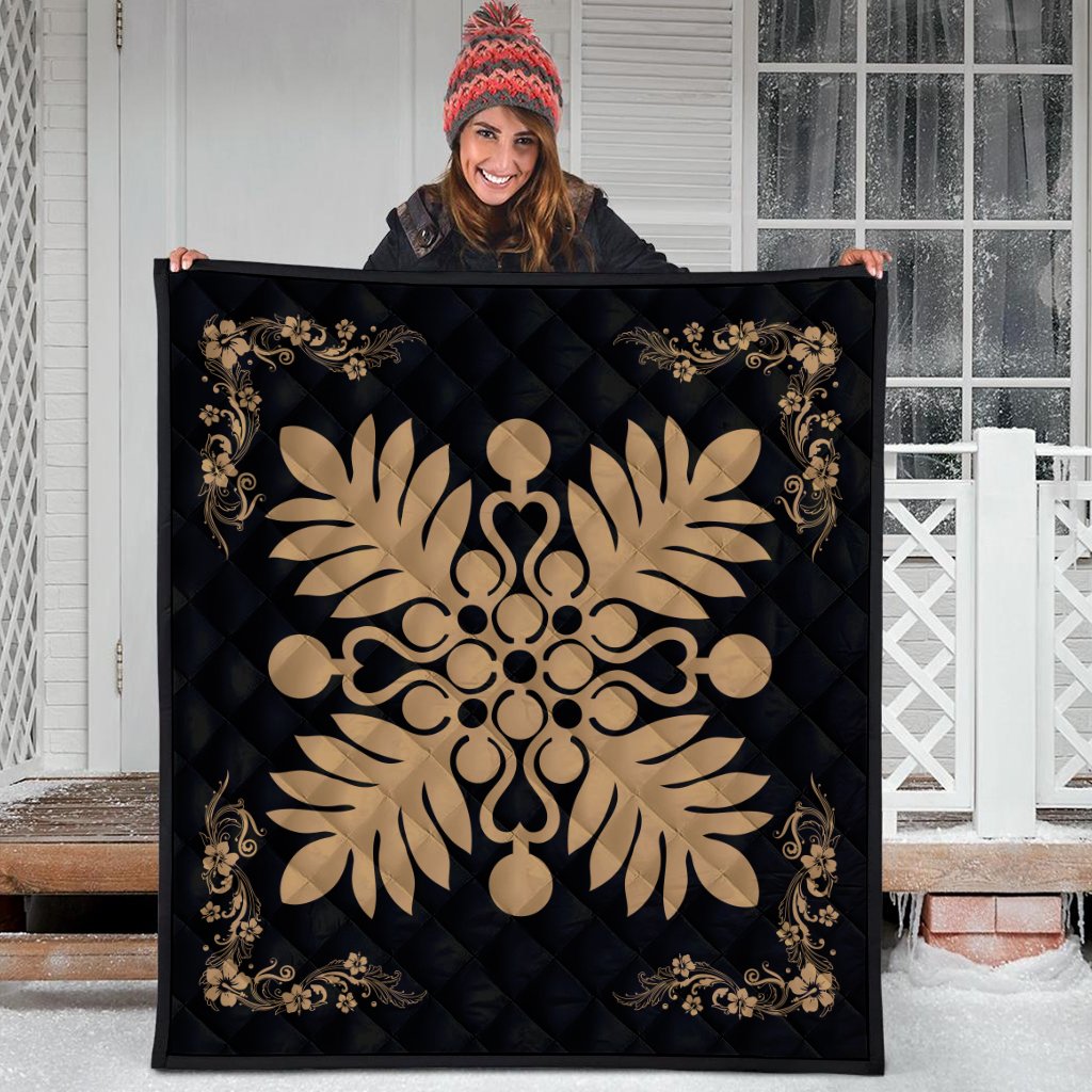 Hawaiian Quilt Maui Plant And Hibiscus Premium Quilt - Gold Black - AH - Polynesian Pride