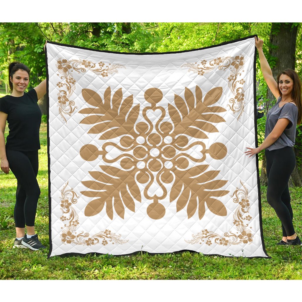 Hawaiian Quilt Maui Plant And Hibiscus Premium Quilt - Gold White - AH Gold - Polynesian Pride