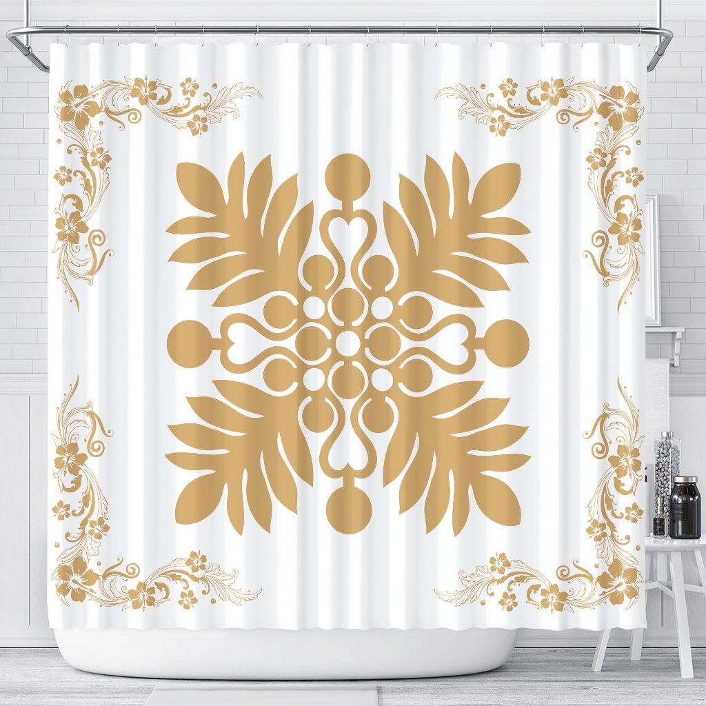 Hawaiian Quilt Maui Plant And Hibiscus Shower Curtain - Gold White - AH 177 x 172 (cm) Gold - Polynesian Pride