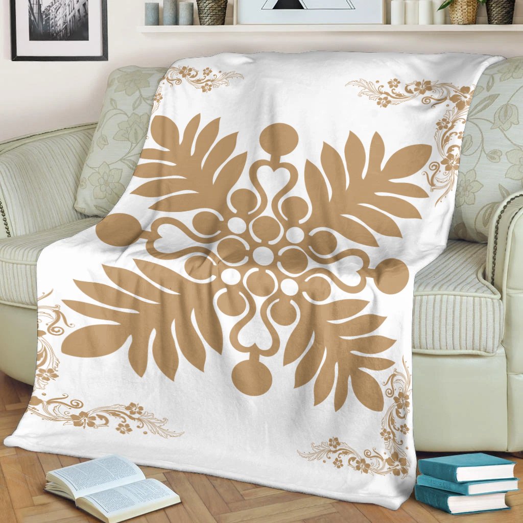 Hawaiian Quilt Maui Plant And Hibiscus Premium Blanket - Gold White - AH - Polynesian Pride