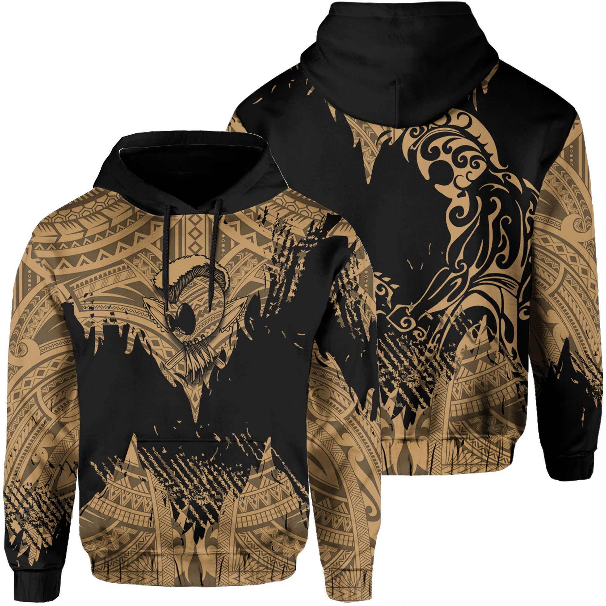 Hawaii Polynesian Hoodie Warrior Ikaika Benjamin Style Gold Unisex Black - Polynesian Pride