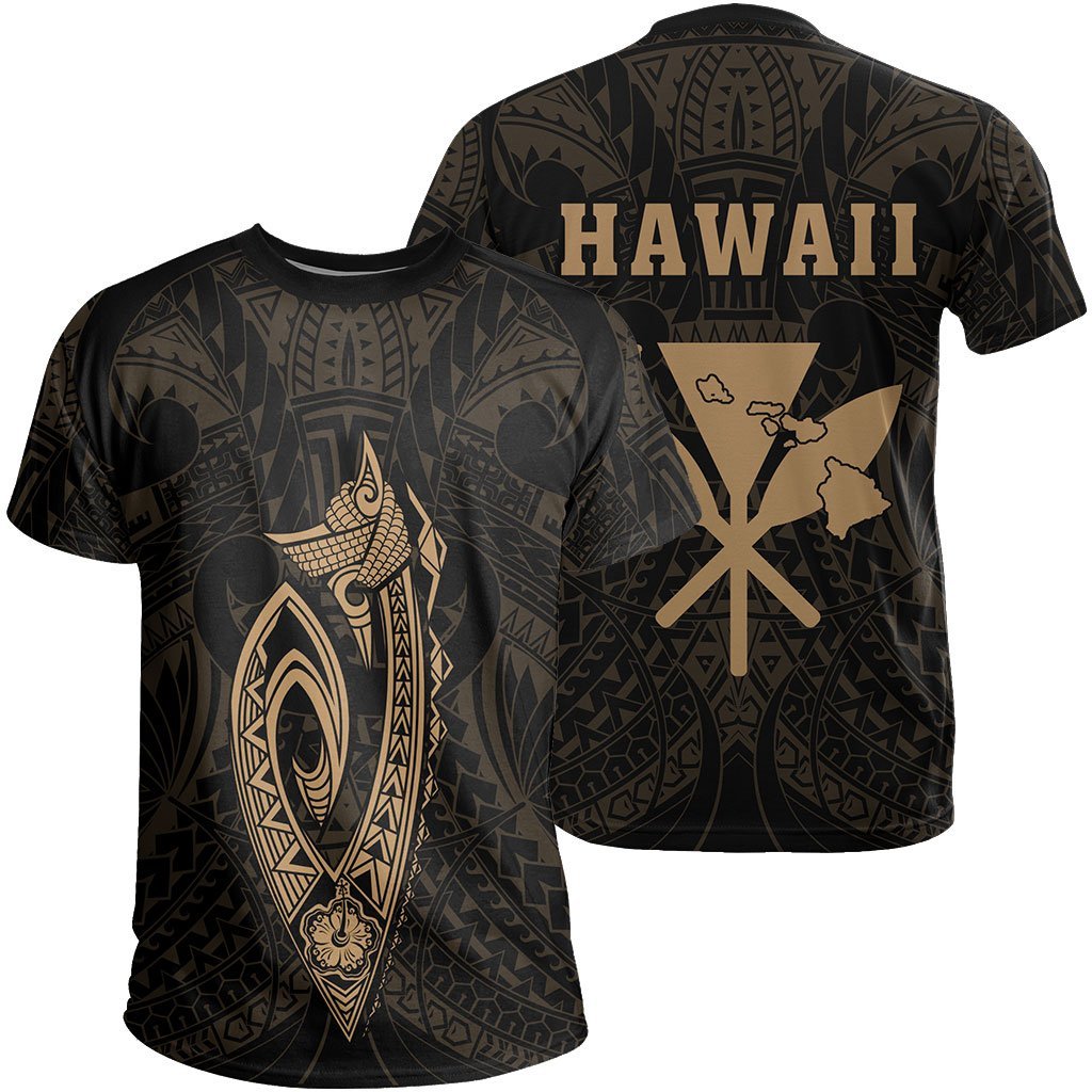 Hawaii Kakau Makau Fish Hook Polynesian T Shirt Gold Unisex Gold - Polynesian Pride