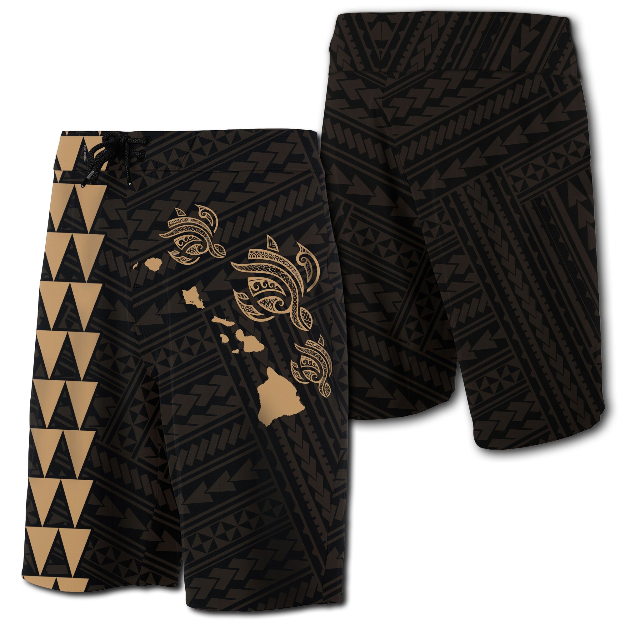 Hawaii Kakau Polynesian Three Turtles Map Board Shorts - Gold Men Gold - Polynesian Pride