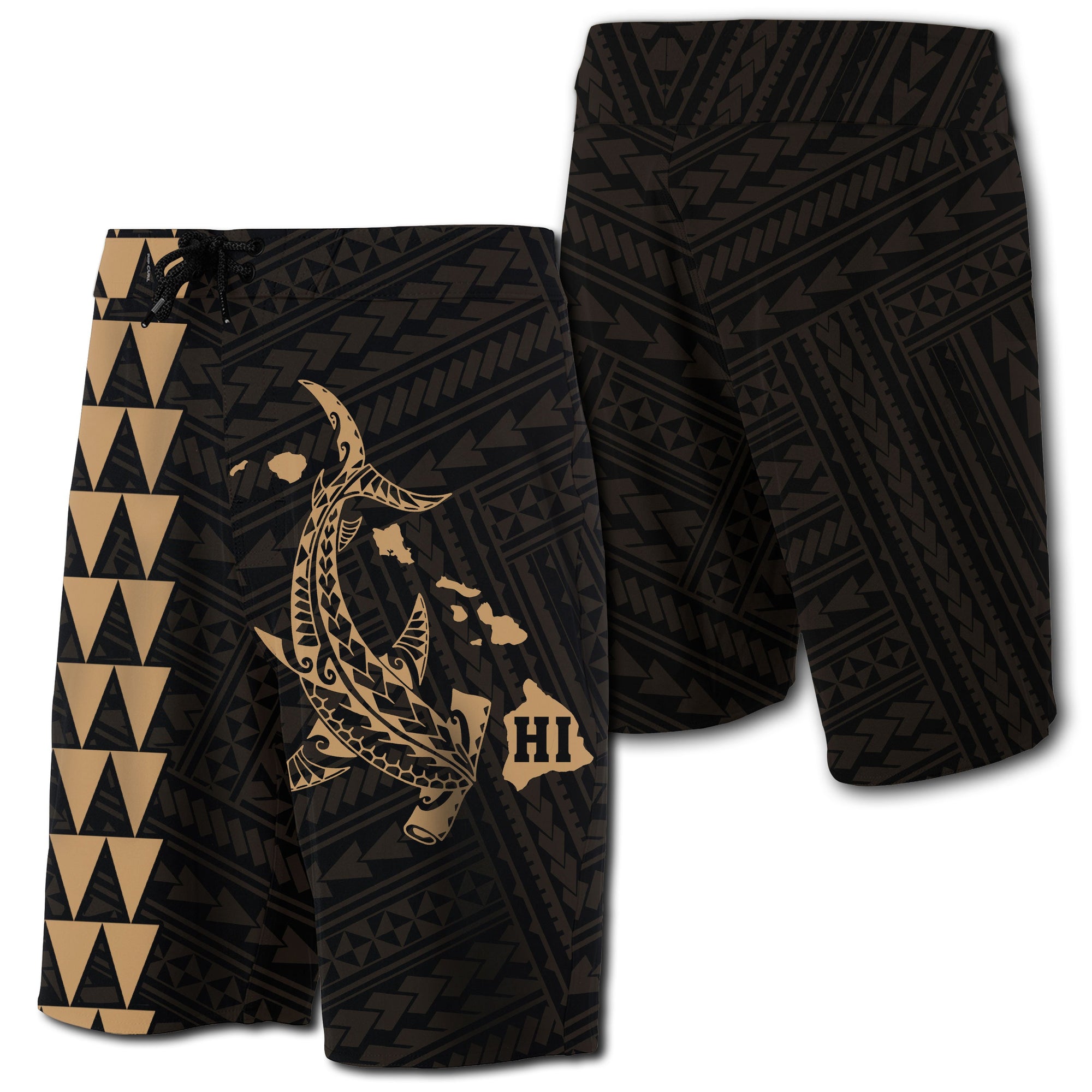 Hawaii Kakau Polynesian Hammerhead Shark Board Shorts - Gold Men Gold - Polynesian Pride