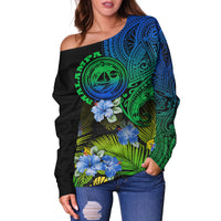 Vanuatu Malampa Province Women Off Shoulder Sweater Hibiscus Tribal Polynesian Tattoo Ver Gradient LT9 Women Gradient - Polynesian Pride