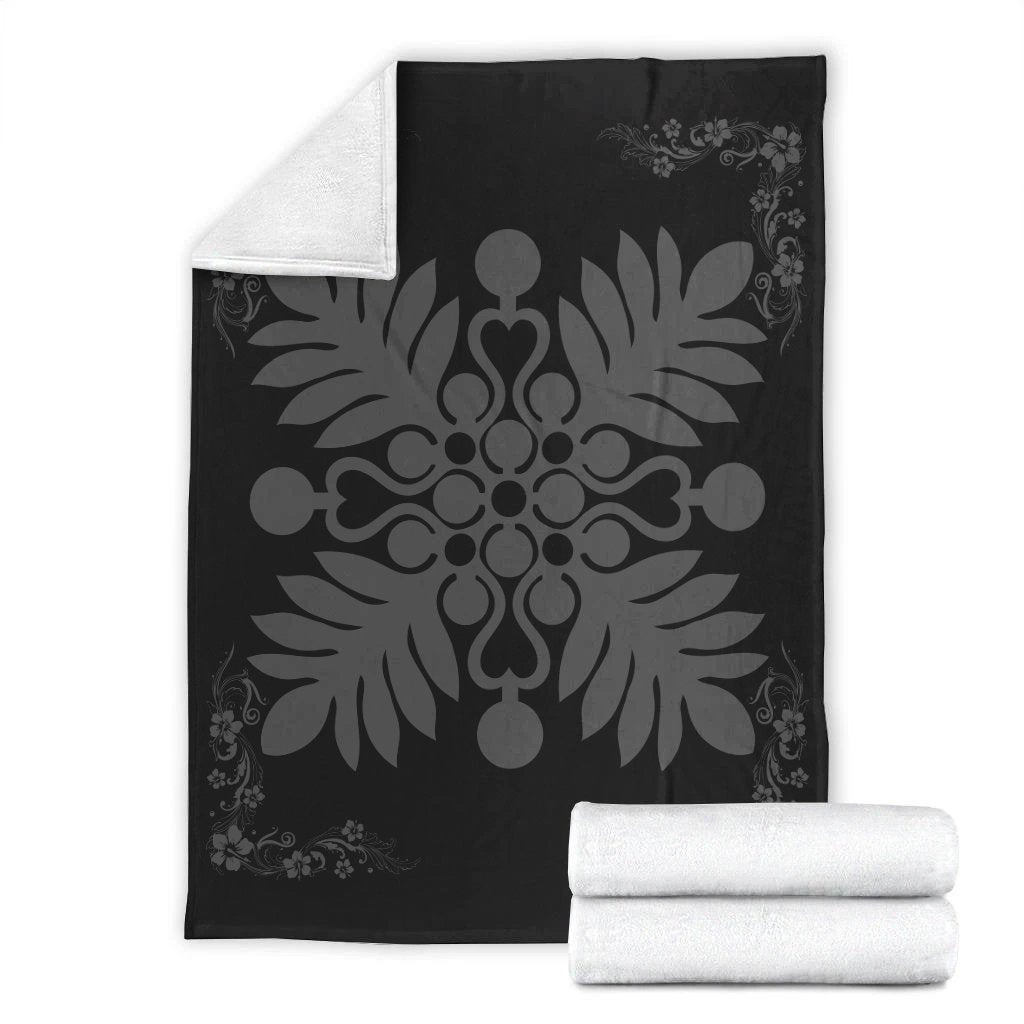 Hawaiian Quilt Maui Plant And Hibiscus Premium Blanket - Gray Black - AH - Polynesian Pride