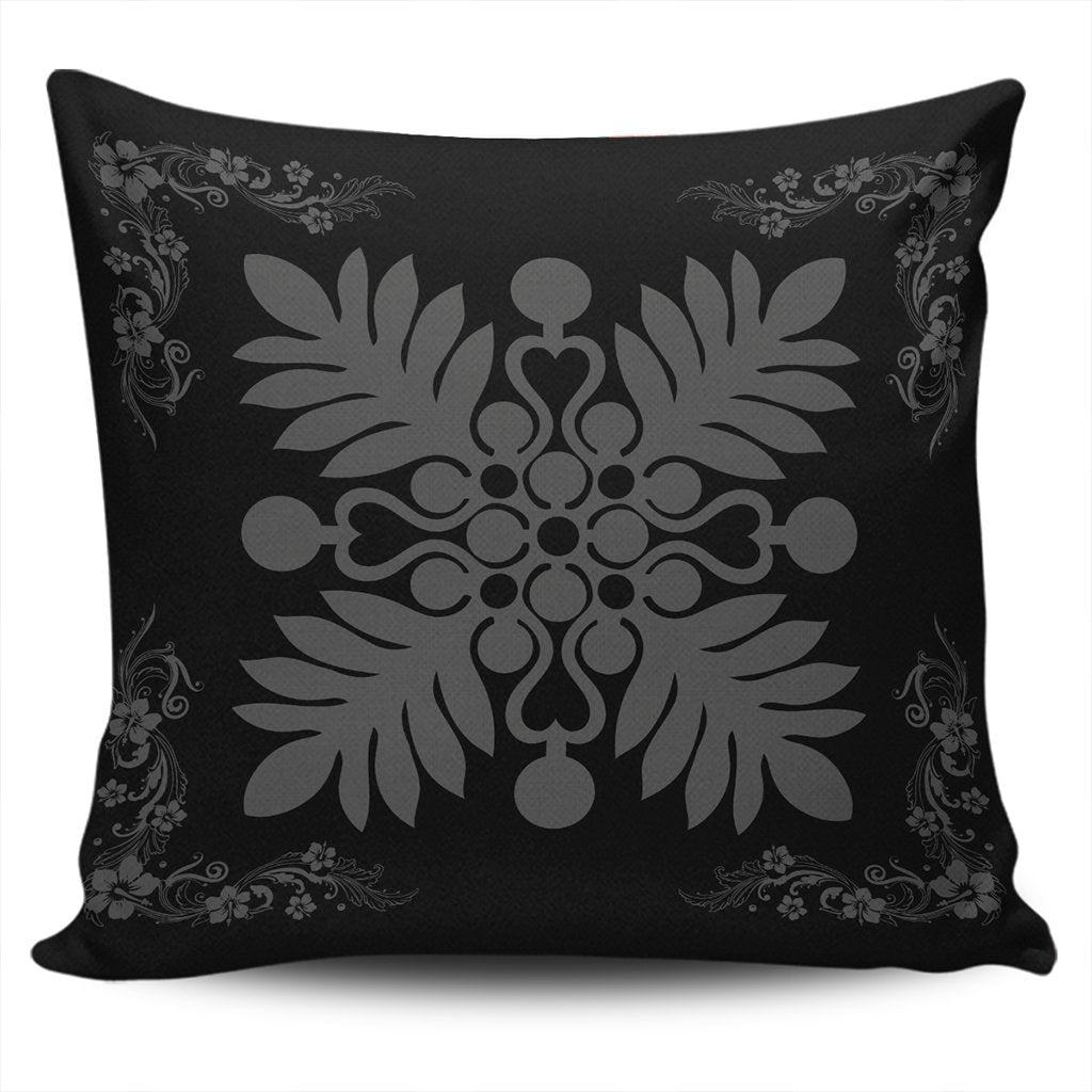 Hawaiian Quilt Maui Plant And Hibiscus Pattern Pillow Covers - Gray Black - AH One Size Gray - Polynesian Pride