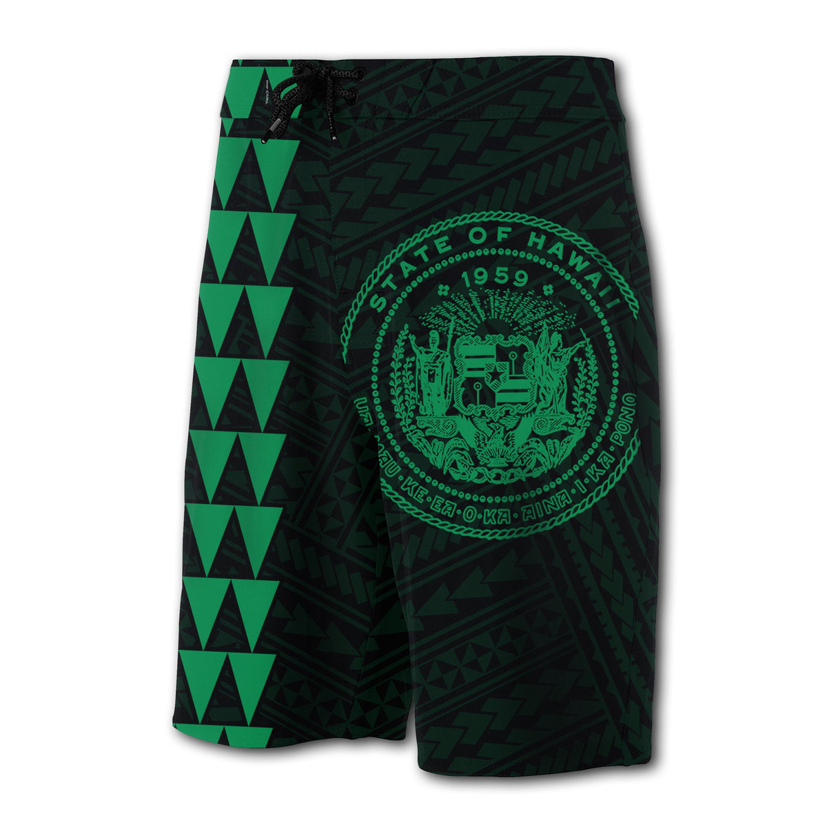 Hawaii Kakau Polynesian Coat Of Arms Board Shorts - Green - Polynesian Pride