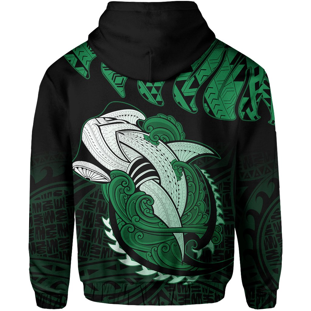 Hawaii Polynesian Aumakua Hammerhead Shark Hoodie Zip Cloud Style Green - Polynesian Pride