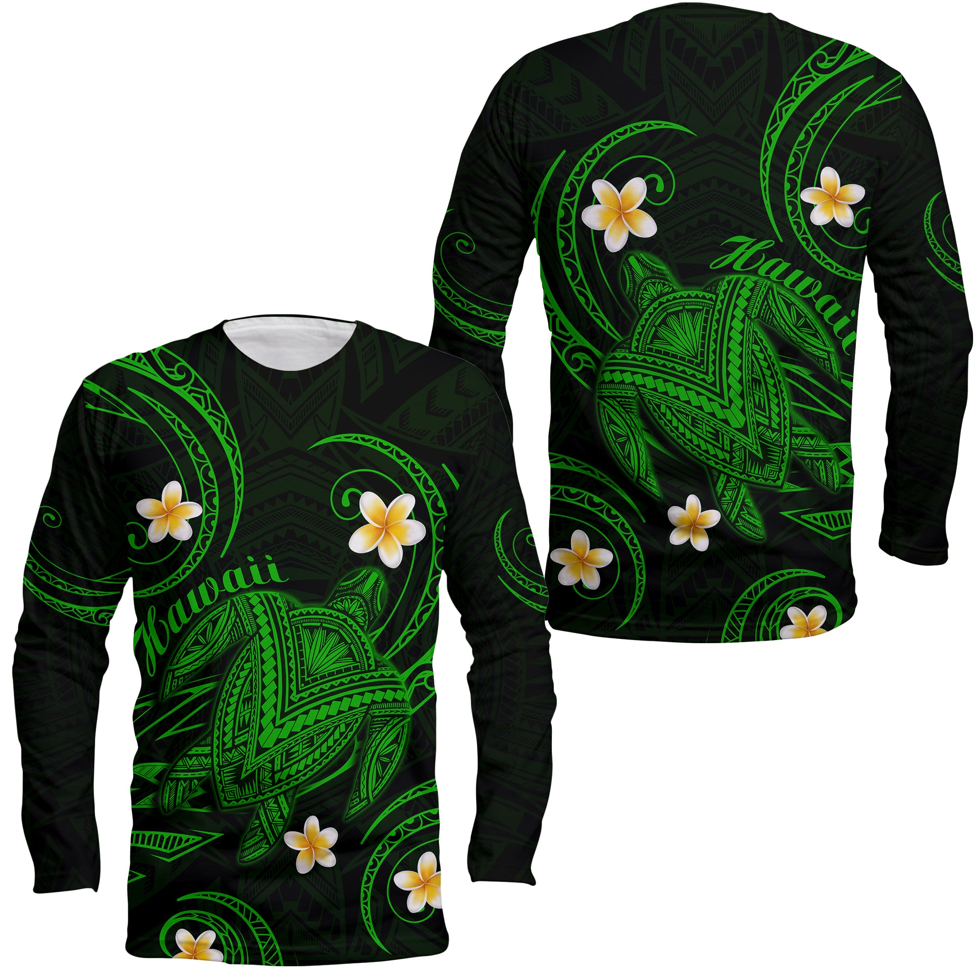 Hawaii Long Sleeve Shirt Hawaiian Turtle Plumeria Mixed Polynesian Green Style LT9 Unisex Green - Polynesian Pride