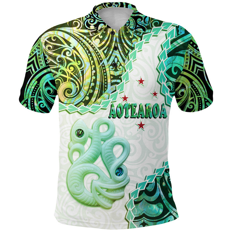 New Zealand Maori Polo Shirt Aotearoa Manaia Green Paua Shell Kia Ora LT9 Adult Green - Polynesian Pride