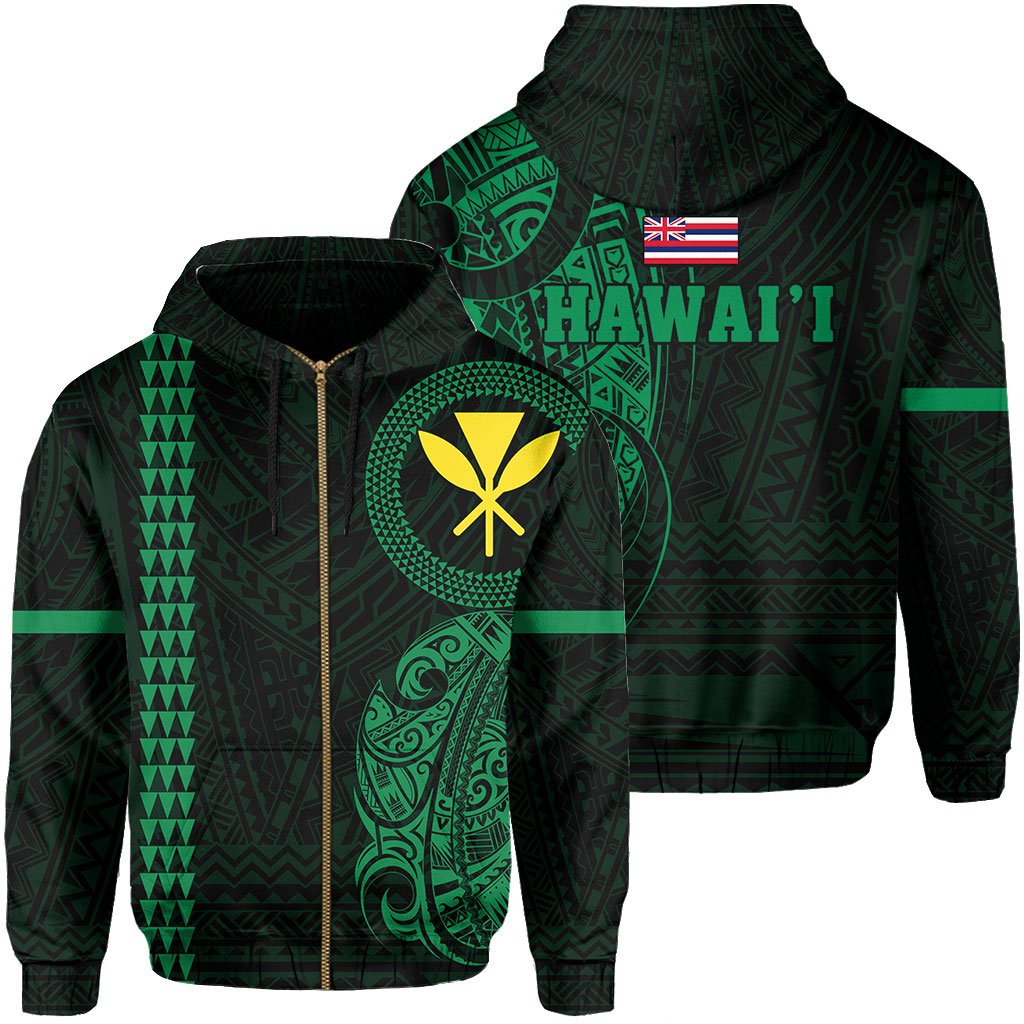 Polynesian Kakau Kanaka Flag of Hawaii Zip Hoodie Green Unisex Green - Polynesian Pride